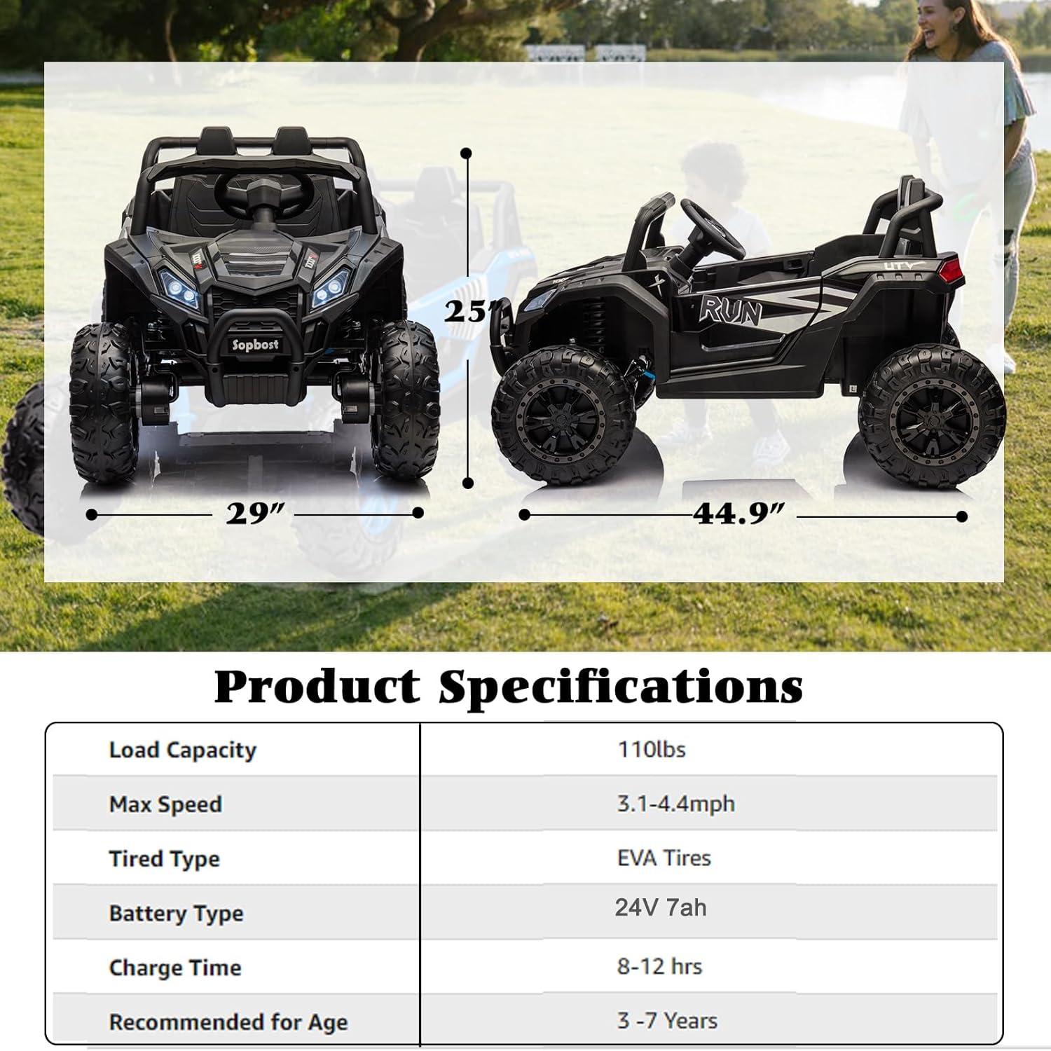 24V Black Off-Road UTV Ride-On Car with Remote Control