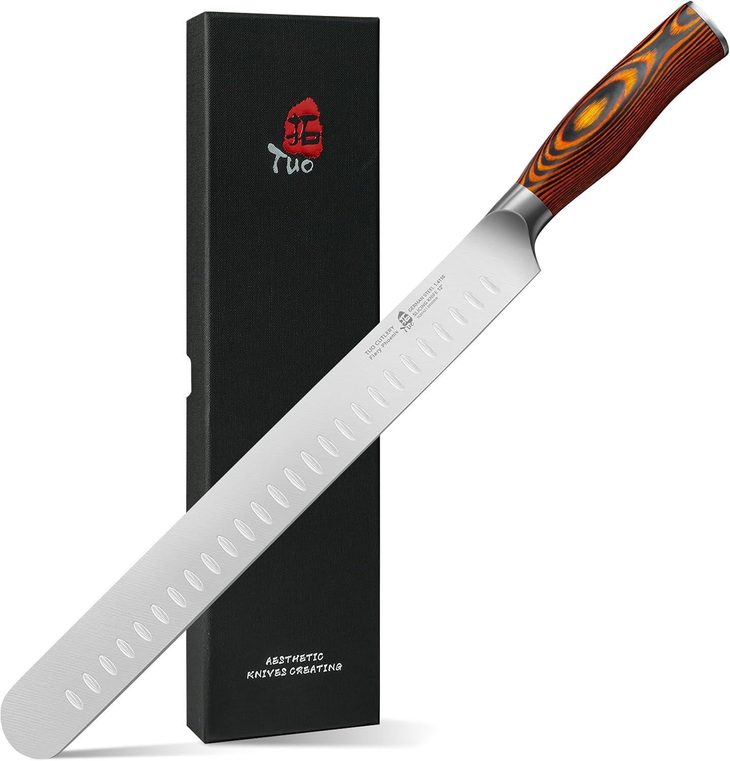 TUO Slicing Knife 12" Granton Carving Knives Hollow Ground Meat Cutting Knife-