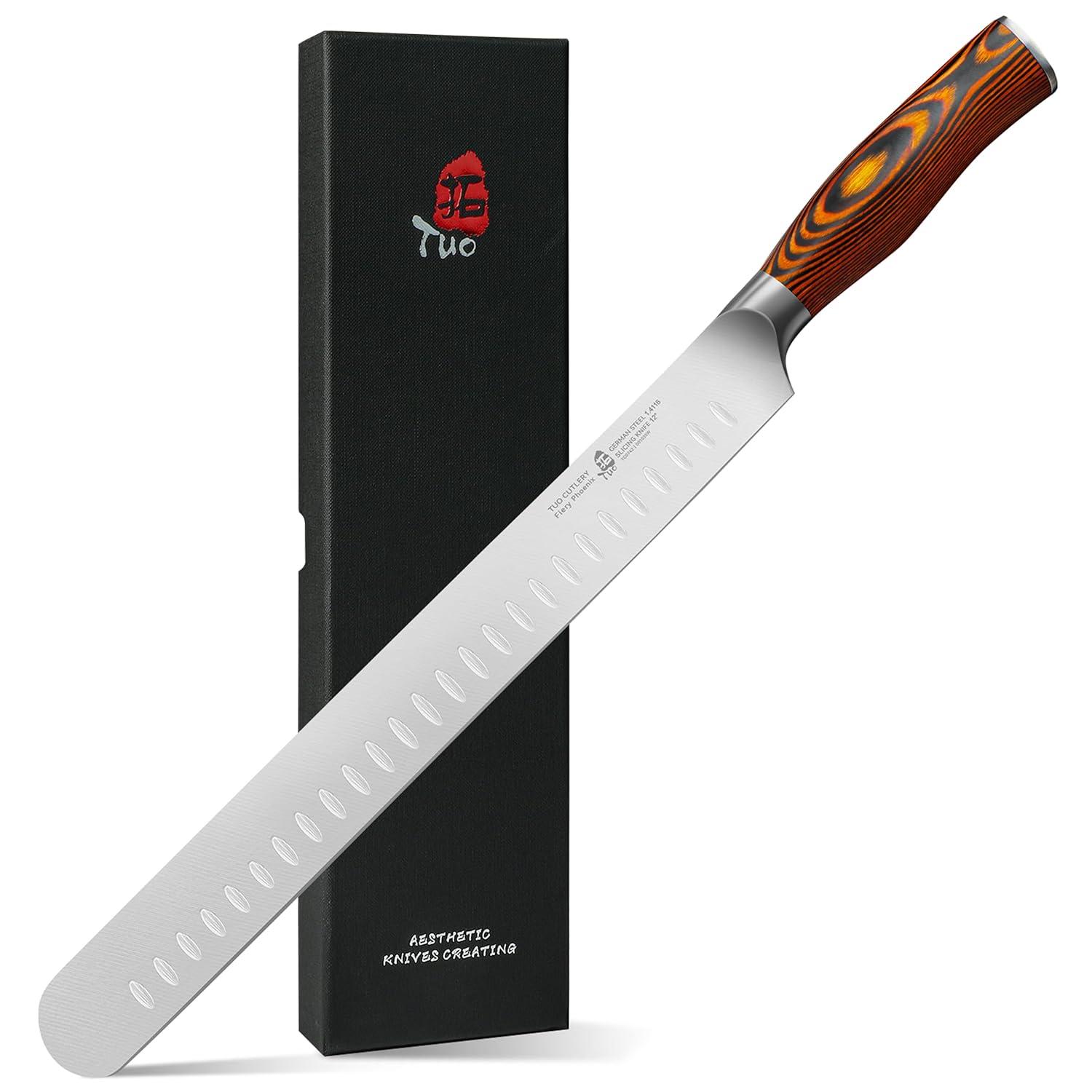 TUO Slicing Knife 12" Granton Carving Knives Hollow Ground Meat Cutting Knife-