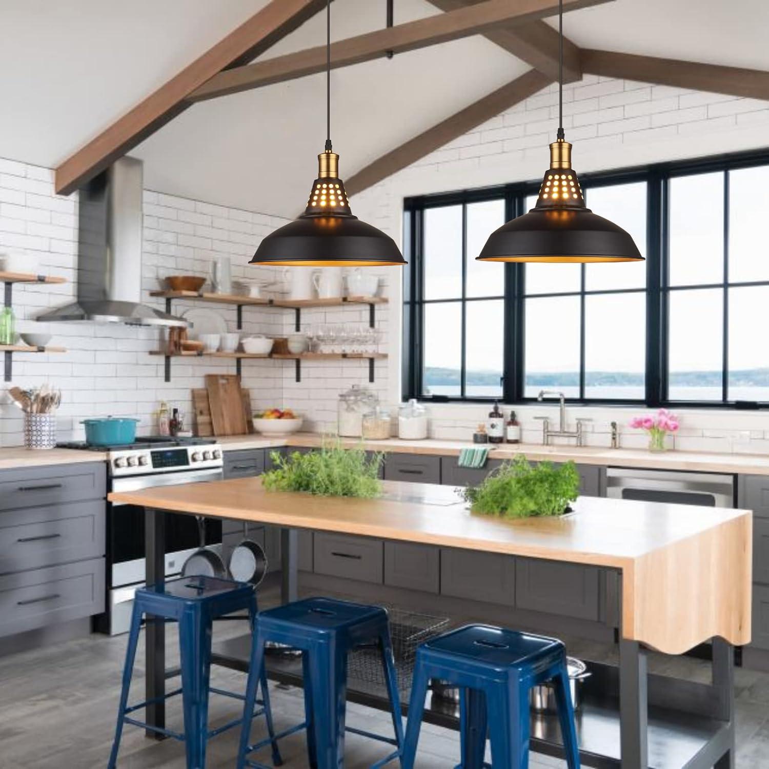 Matte Black and Gold Farmhouse Pendant Lights, 12 Inch Vintage Industrial Barn Fixtures