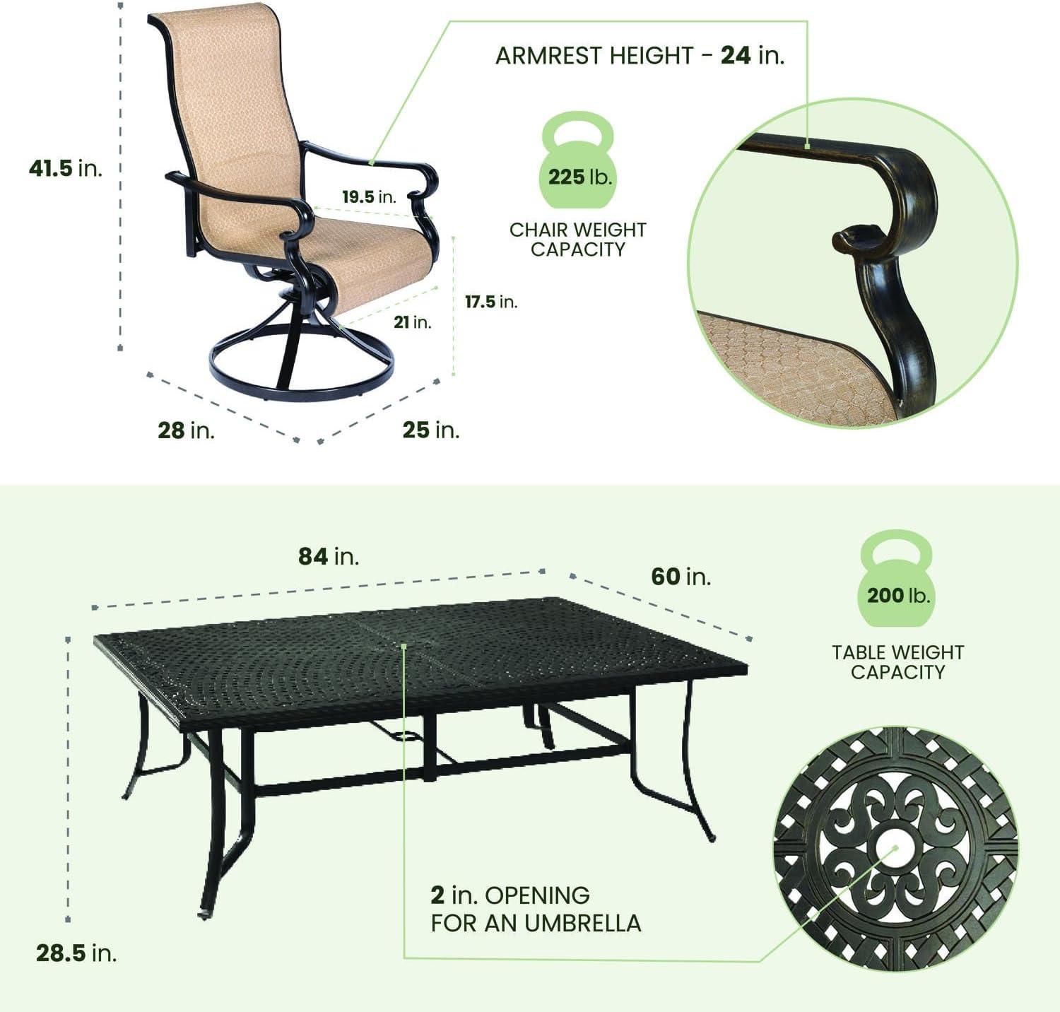 Hanover Brigantine 9-Piece Dining Set with an XL Cast-Top Dining Table and 8 Sling-back Swivel Rockers, BRIGDN9PCSW8