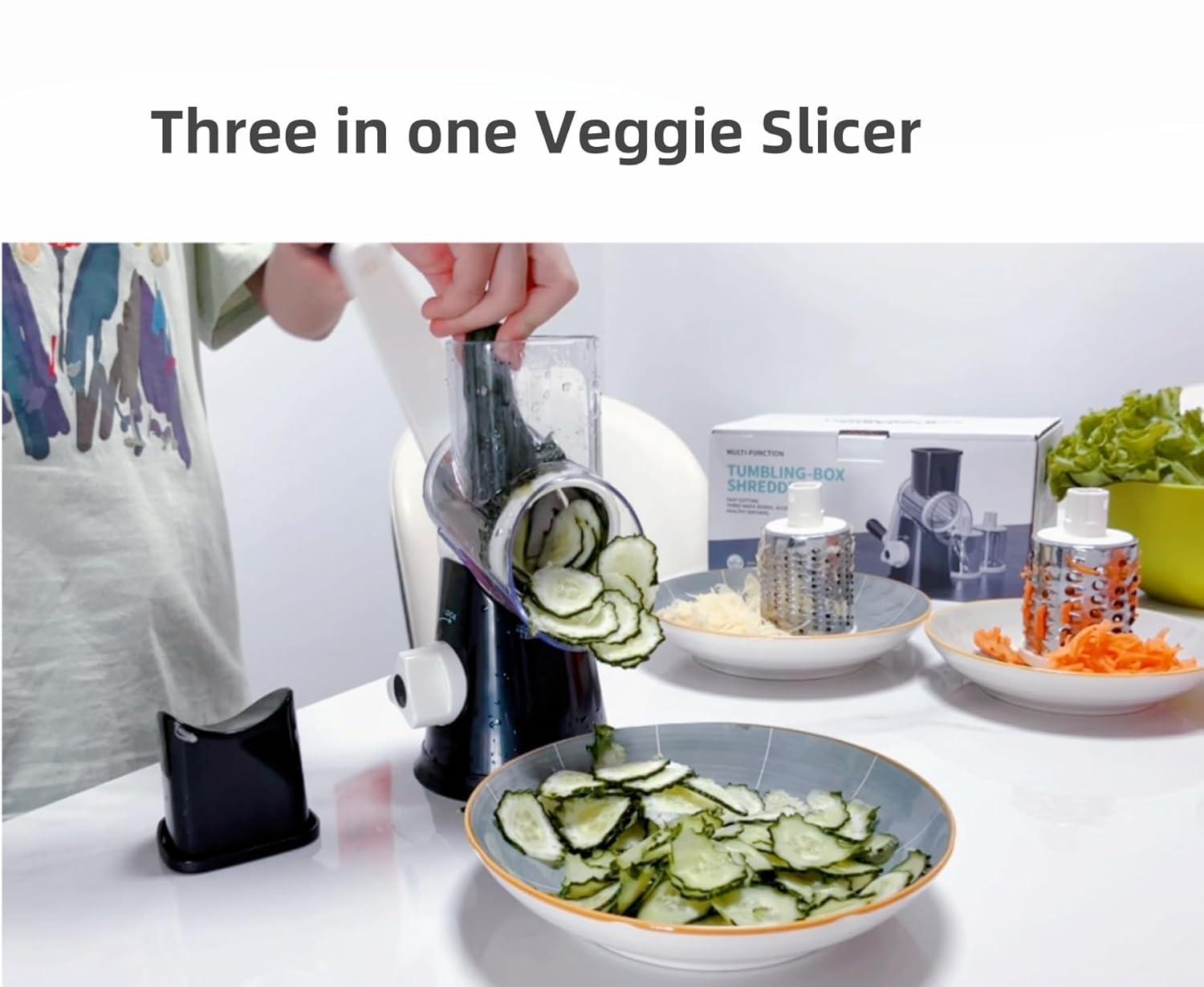 Rotary Cheese Grater Cheese Shredder - Kitchen Manual Cheese Grater with Handle Vegetable Slicer Nuts Grinder 3 Replaceable Drum Blades and Strong Suction Base Free Cleaning Brush