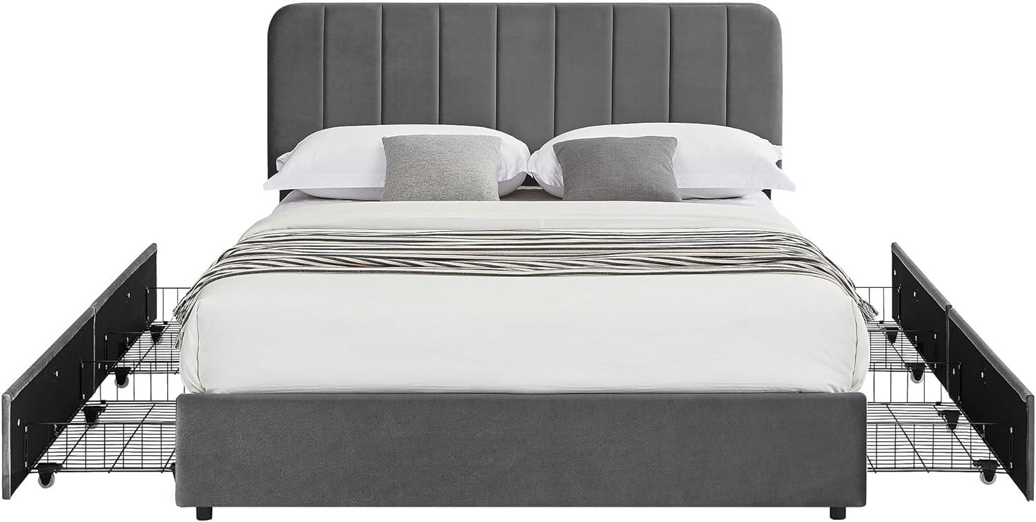 Queen Size Gray Velvet Upholstered Bed Frame with Storage Drawers