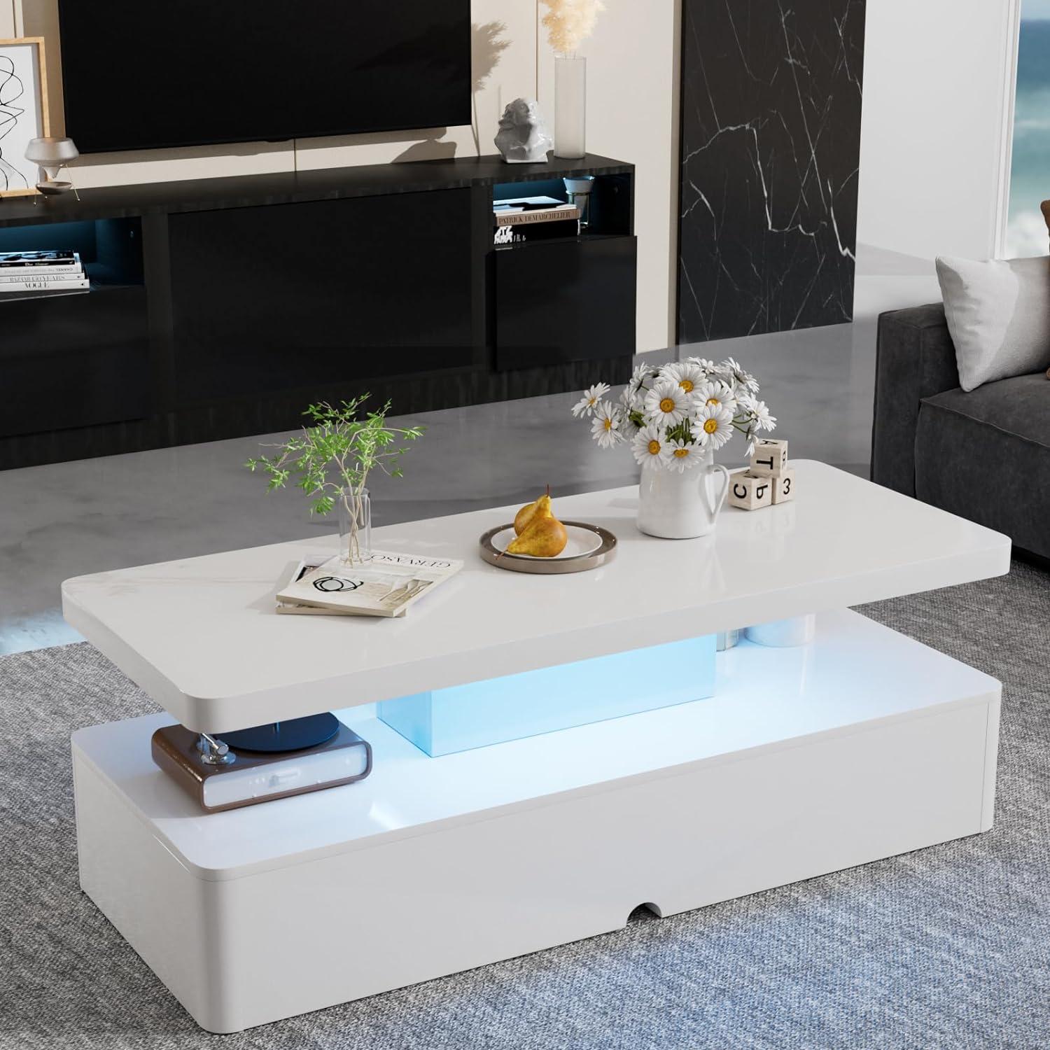 Oneinmil Modern Stylish Coffee Table with 16 Colors LED Lights, Double-Layer Design for Living Room, White High Gloss Acrylic