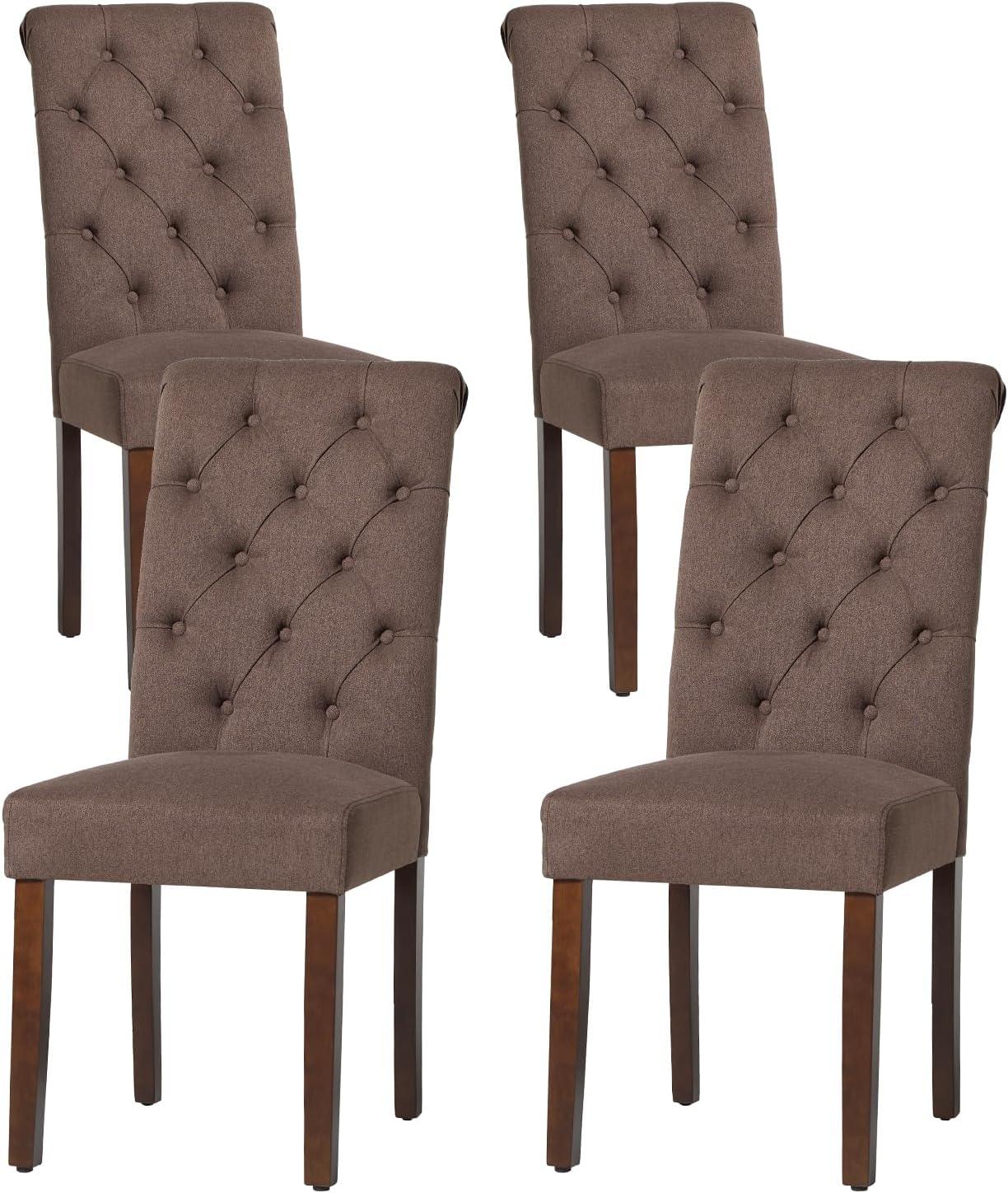 Brown Linen Upholstered Parsons Dining Side Chairs with Wood Legs, Set of 4