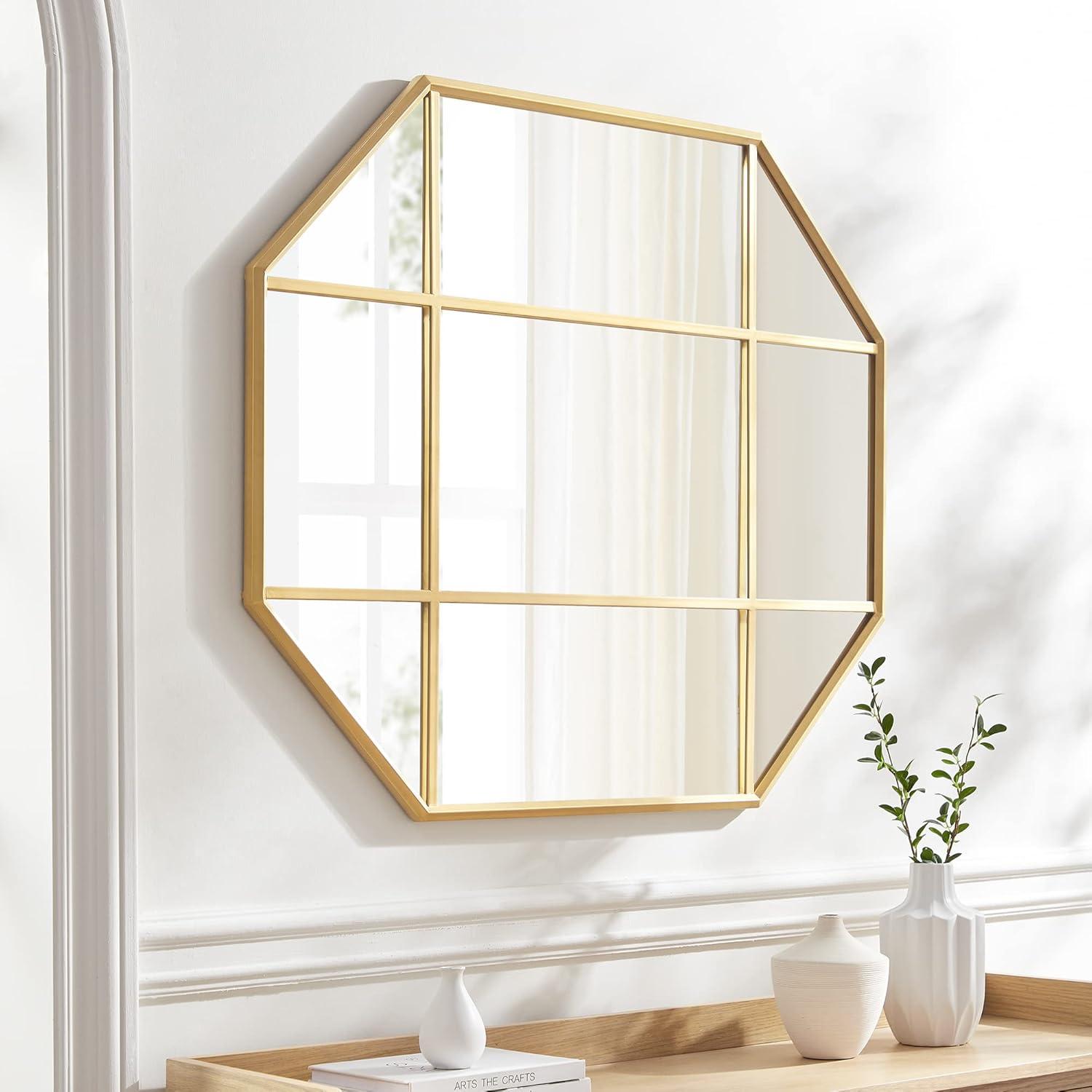 Gold Metal and Glass Windowpane Wall Mirror