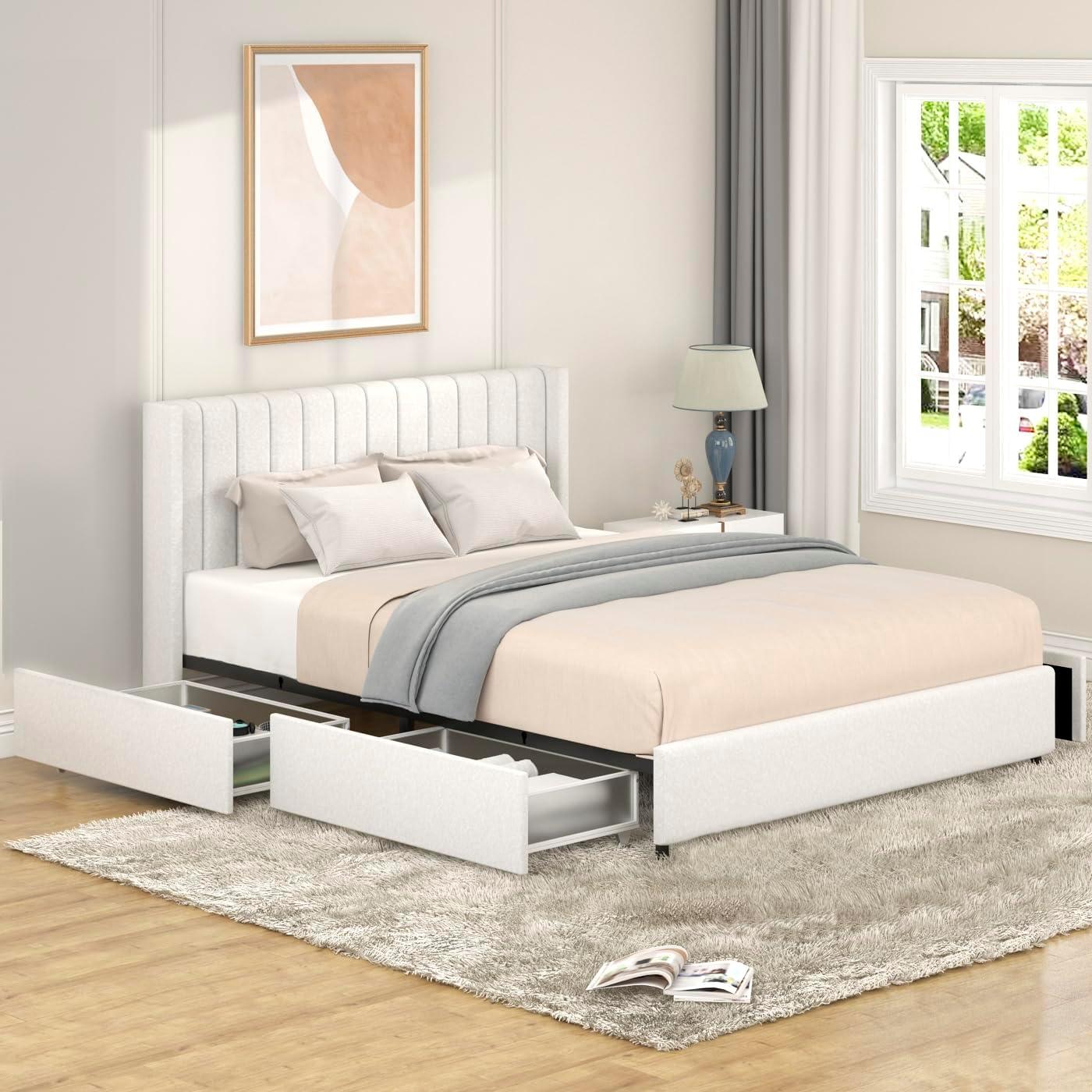 GDFStudio Upholstered Bed with Storage,Queen Size Platform Bed Frame with 4 Drawers Tufted Headboard, Wooden Slat Mattress Support No Box Spring Needed Easy Assembly, Ivory Boucle
