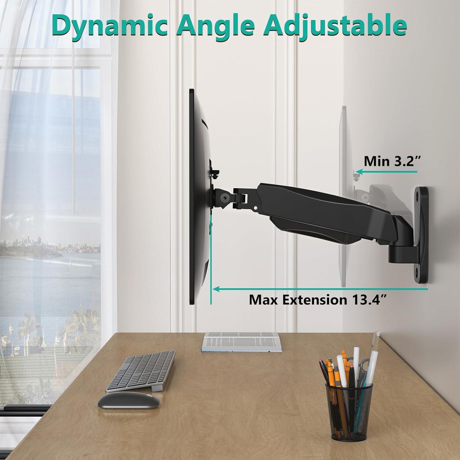 WALI Monitor Wall Mount, Computer Wall Mount Monitor Arm Fits 1 Screen up to 32 inch, Single Monitor Mount Holds up to 19.8lbs, Gas Spring Monitor Arm Max Extension 13.4 inch,(GSWM001S), Black