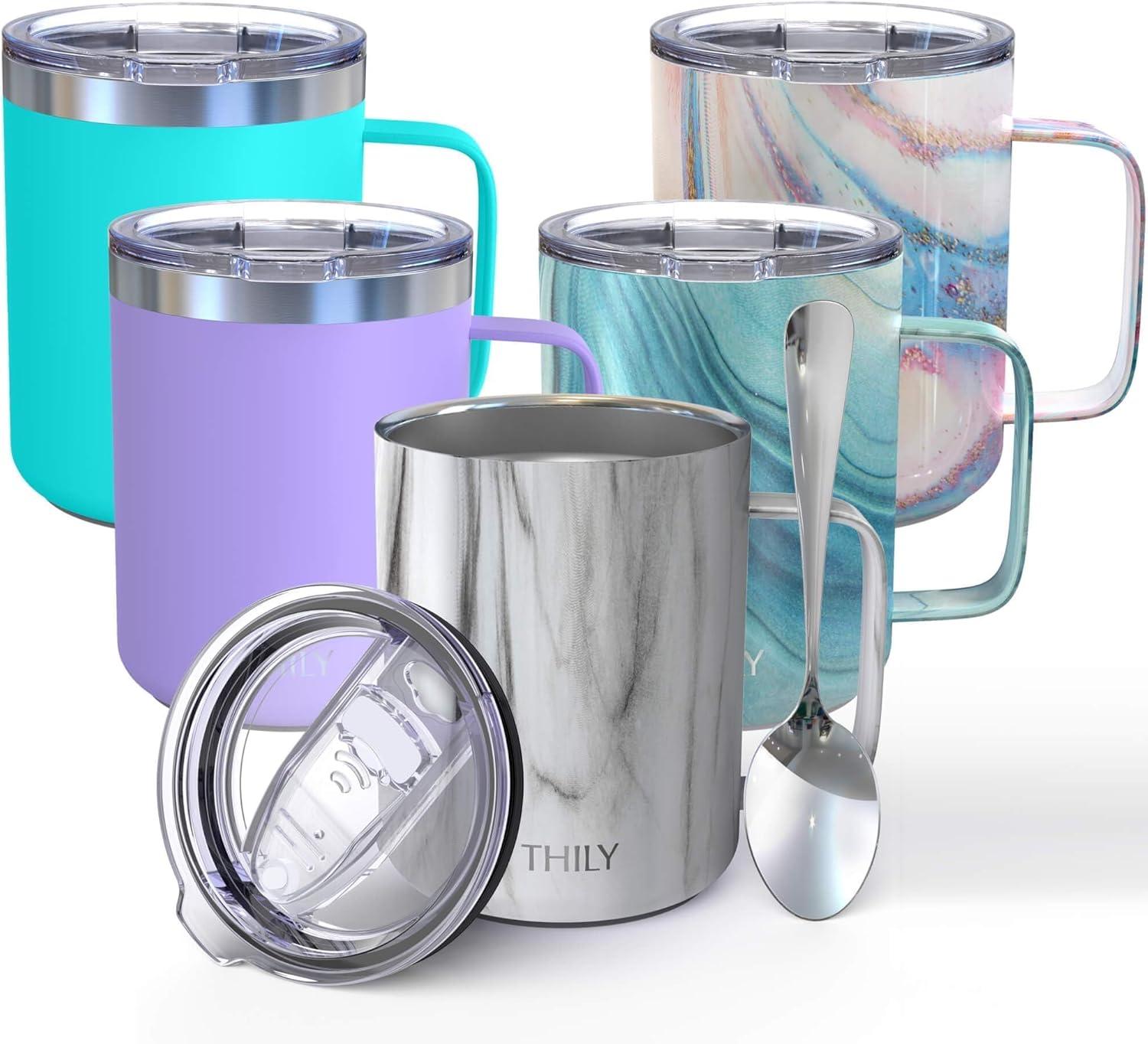 Vacuum Insulated Travel 12 oz Coffee Mug with Handle, THILY Stainless Steel Cup with Spill-Proof Lid, Keep Coffee Cold, Great for Camping, White Marble