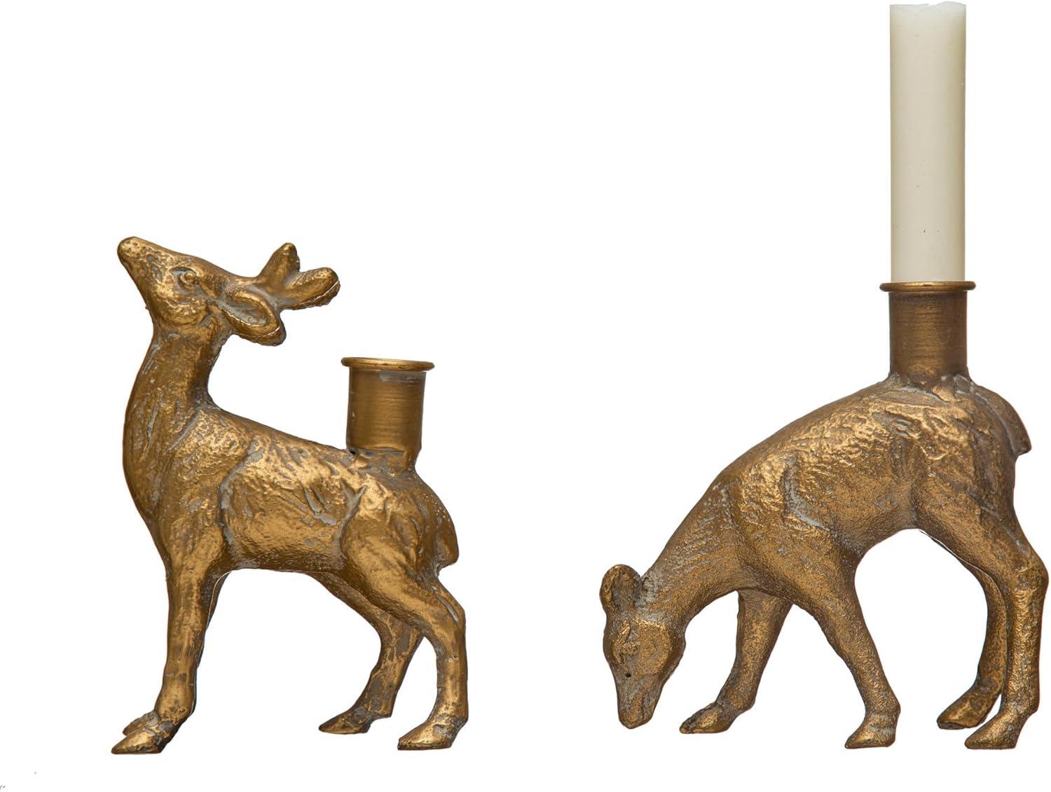 Antique Gold Cast Iron Deer Taper Candle Holders