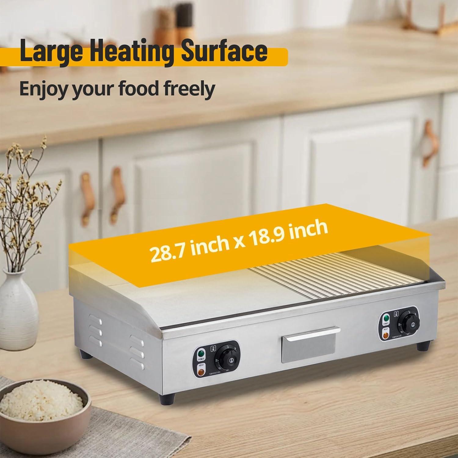 Commercial Electric Griddle with Adjustable Thermostatic Control 122°F-572°F Electric Countertop Flat Top Griddle 110V 60HZ Non-Stick  Teppanyaki Stainless Steel Grill for Home Restaurant