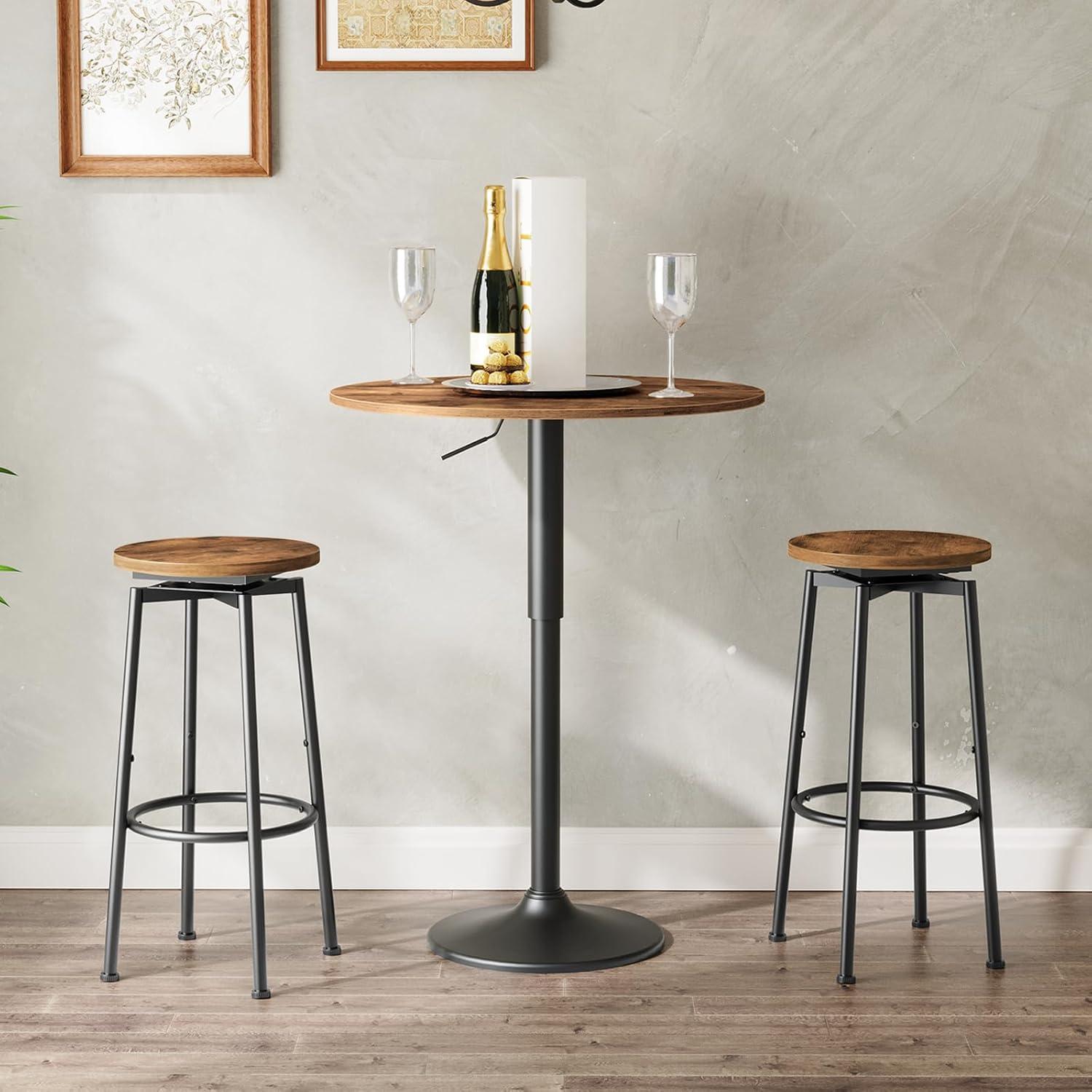 Rustic Brown and Black Solid Wood Round Bar Stools, Set of 2