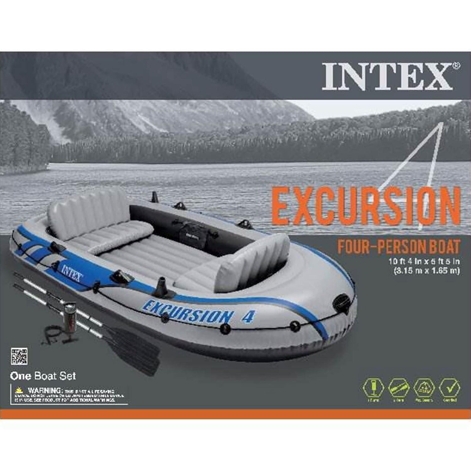 Intex Excursion 4 Inflatable Raft 4-Person 124x65 inches with Motor Mount Kit, Oars and Pump