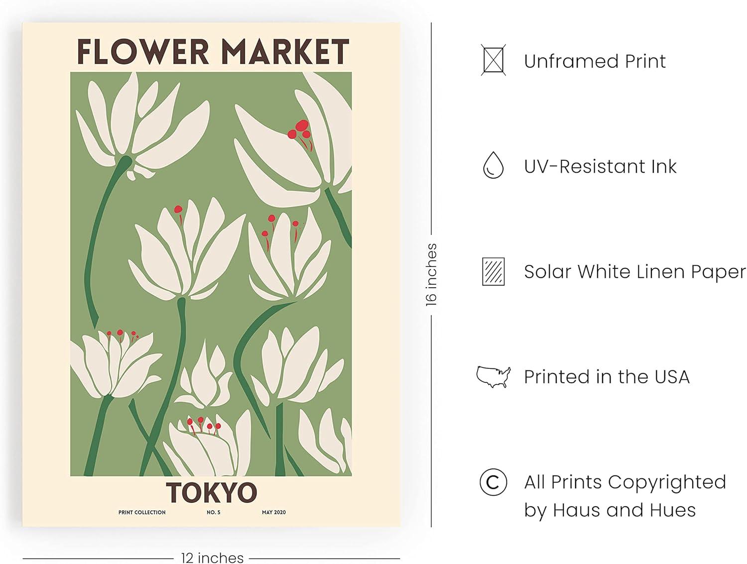 HAUS AND HUES Flower Market Poster Botanical Decor - Flower Wall Art, Flower Poster Vintage & Flower Prints Wall Art Sage Green Wall Art & Floral Prints UNFRAMED 12"x16" (Flower Market Sage)