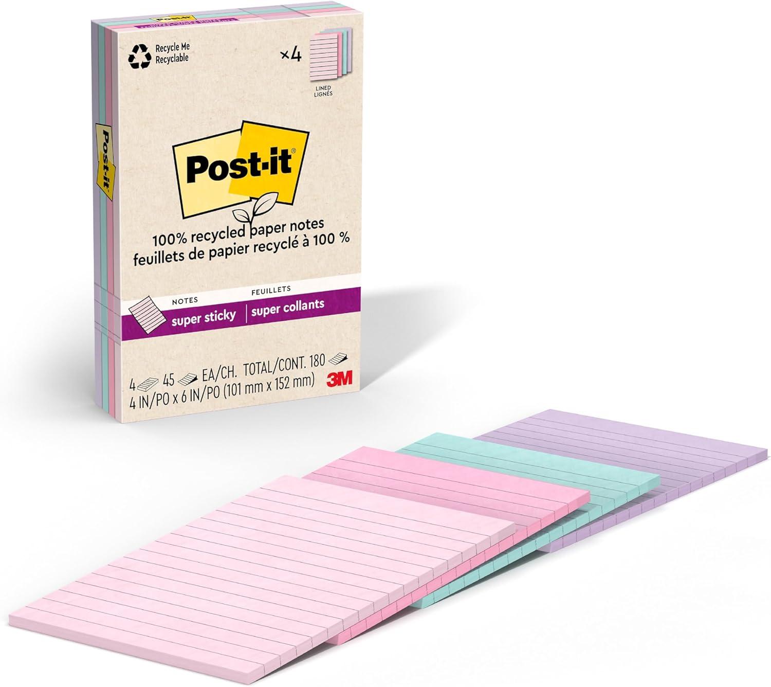 Post-it Recycled Super Sticky Notes 4"x6" Pastels: Large Unbound Multicolored Sticky Notes, 180 Sheets, 100% Recycled Paper