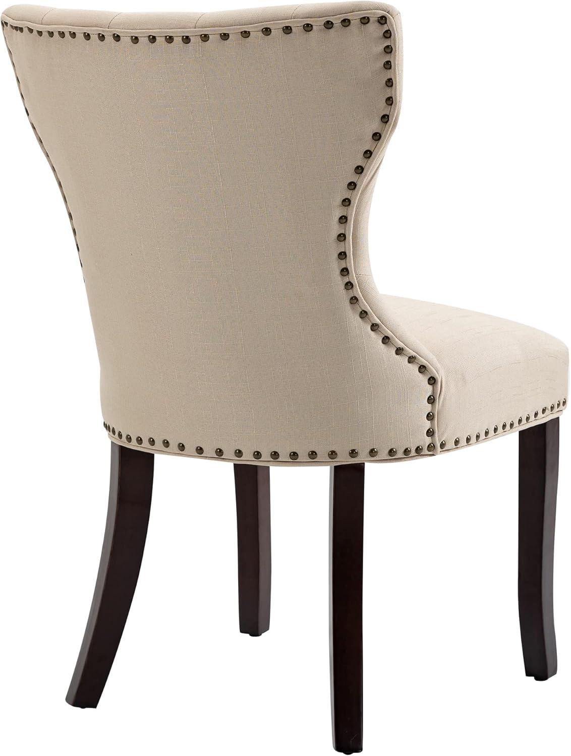 Beige Upholstered Tufted Side Chairs with Nailhead Trim, Set of 2