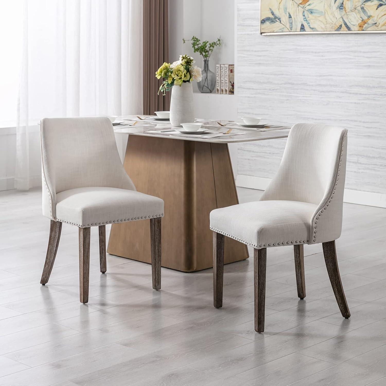 Guyou Dining Chairs Set of 2, Mid Century Modern Linen Upholstered Farmhouse Side Chairs with Nailhead and High Back for Kitchen Restaurant, Grey