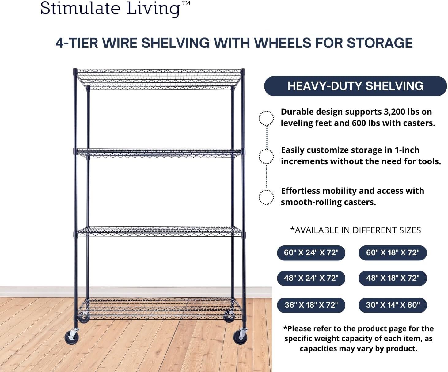 48"x24"x72" Prime Heavy Duty Black 4-Tier Wire Shelving NSF 3200 LBS MAX Capacity Storage Rack for Commercial, Hospital, School, Garage, and Kitchen Uses (with Wheels)