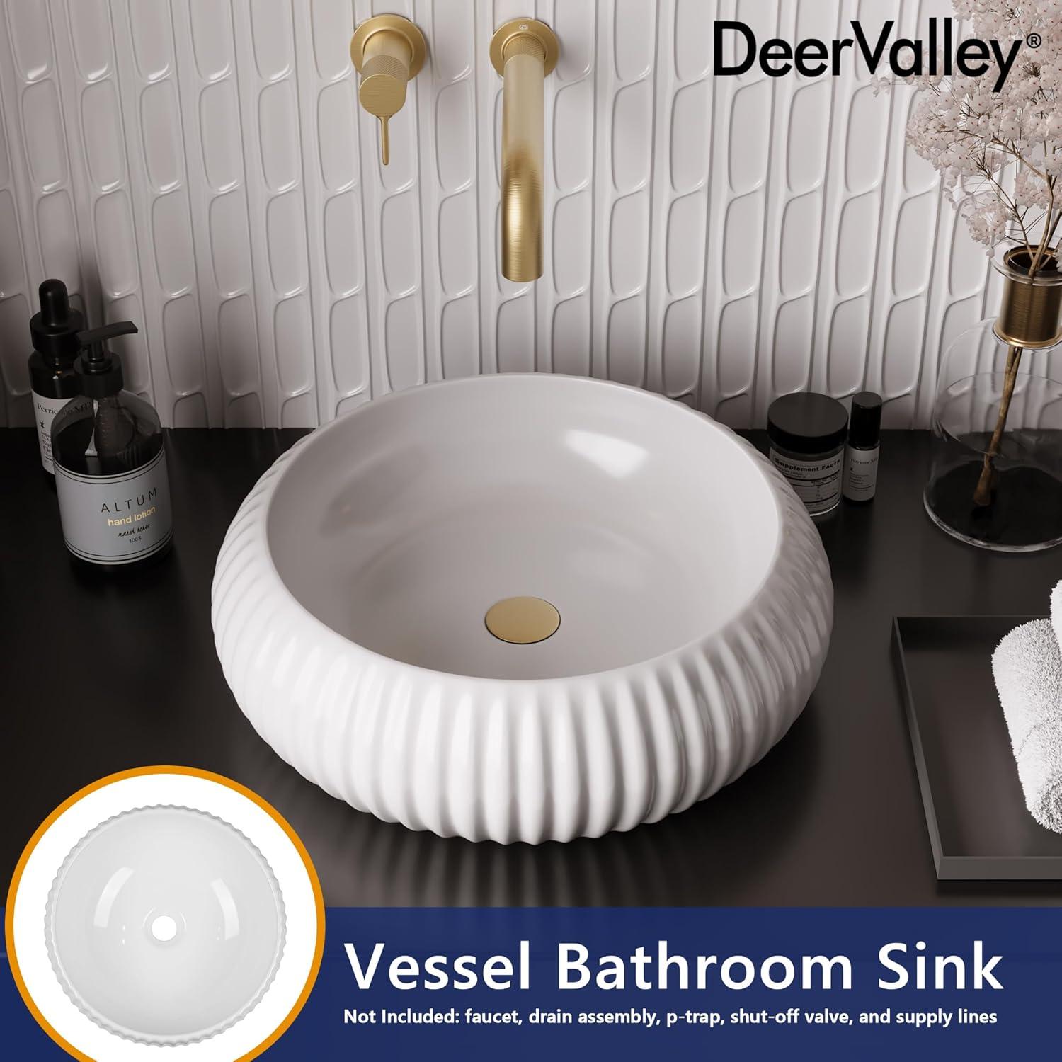 DeerValley 16" x 5'' Bathroom Sink,White Ceramic Circular Vessel Sink,Vitreous China Vessel Bathroom Sink with Fluted Sides and Overflow