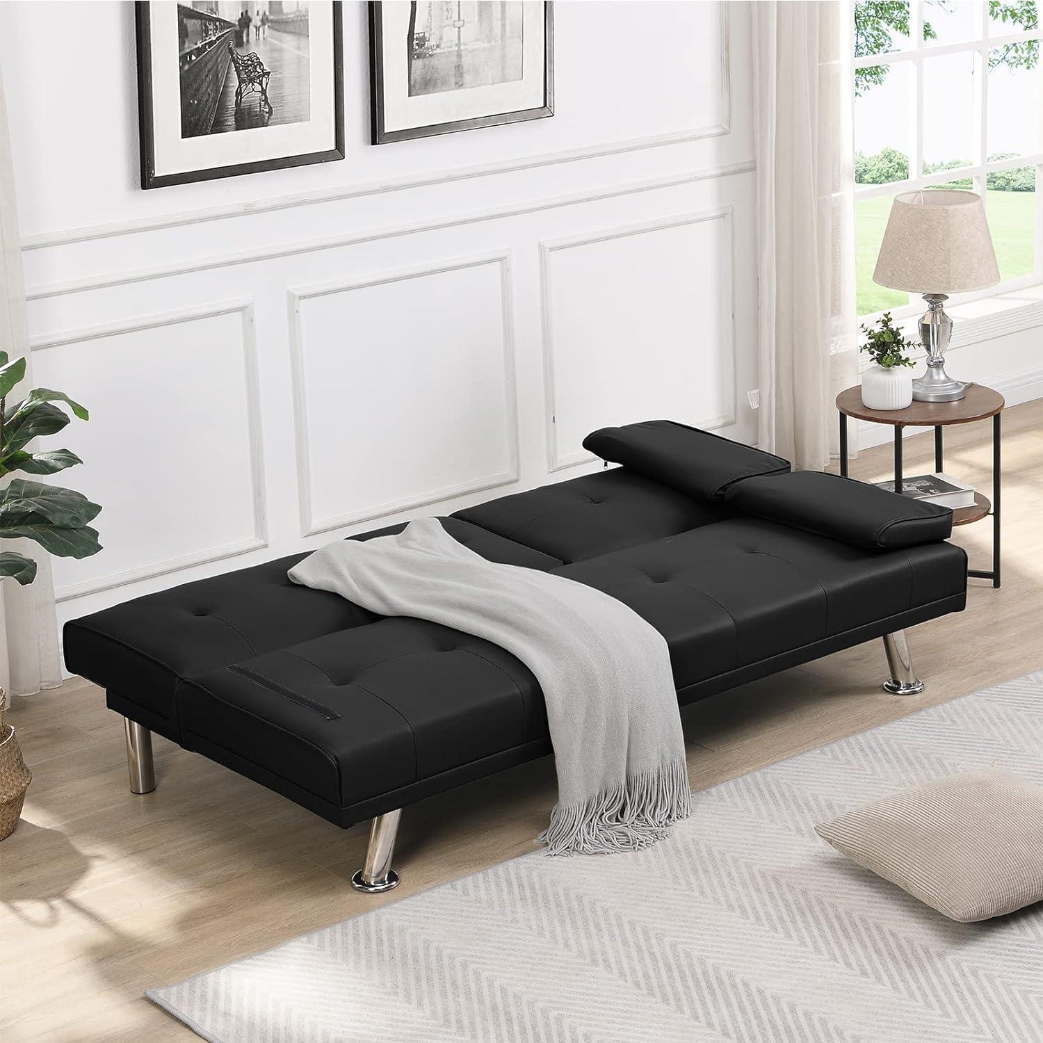 Hbaid Modern Faux Leather Couch Convertible Folding Futon Sofa Bed with 2 Cup Holders, Black