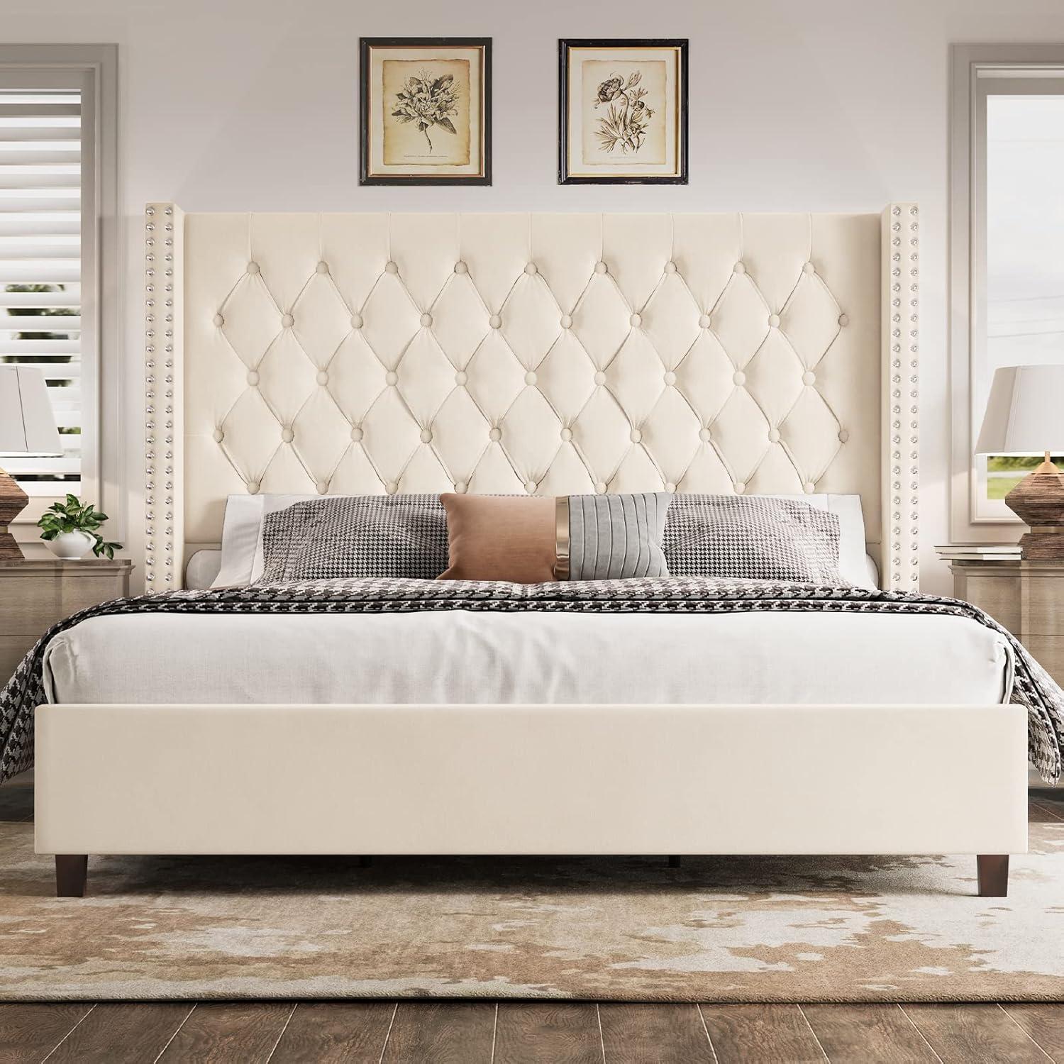 Merluxy Queen Bed Frame with 61.4" Handmade Deep Button Tufted Headboard/Cream