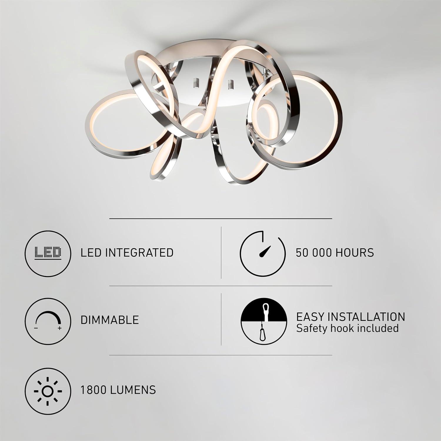 artika Swirl Ribbon 28W LED Modern Flush Mount Ceiling Light Fixture, Chrome Ideal for Bedroom, Hallway, Kitchen - 1800 Lumens 3000 Kelvin, No Bulb Required