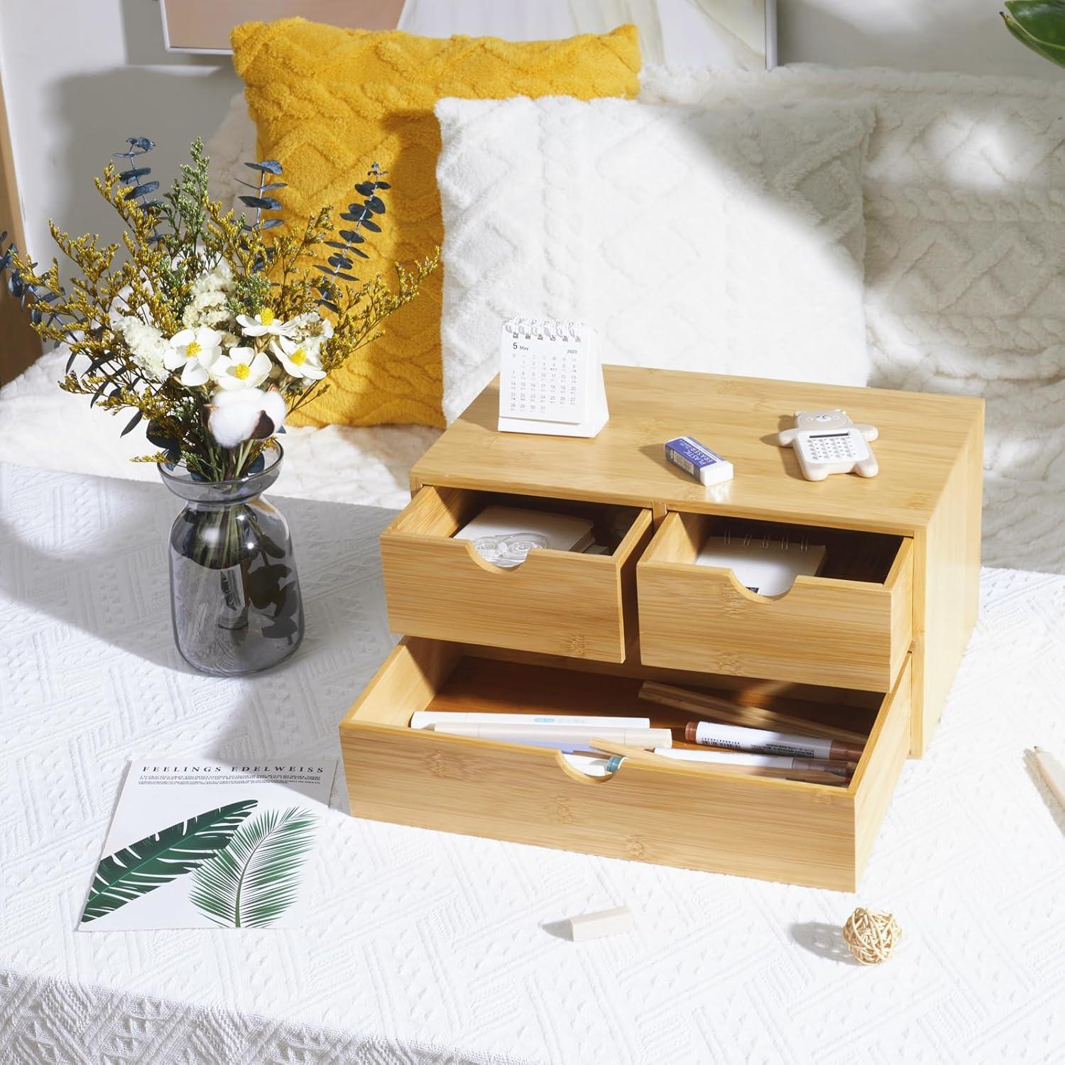 Bamboo Desk Organizer with 3 Drawers, Countertop Organizer with Drawers Makeup Storage Drawer 3 Drawers Tabletop Storage Organization Box Home Office Workspace