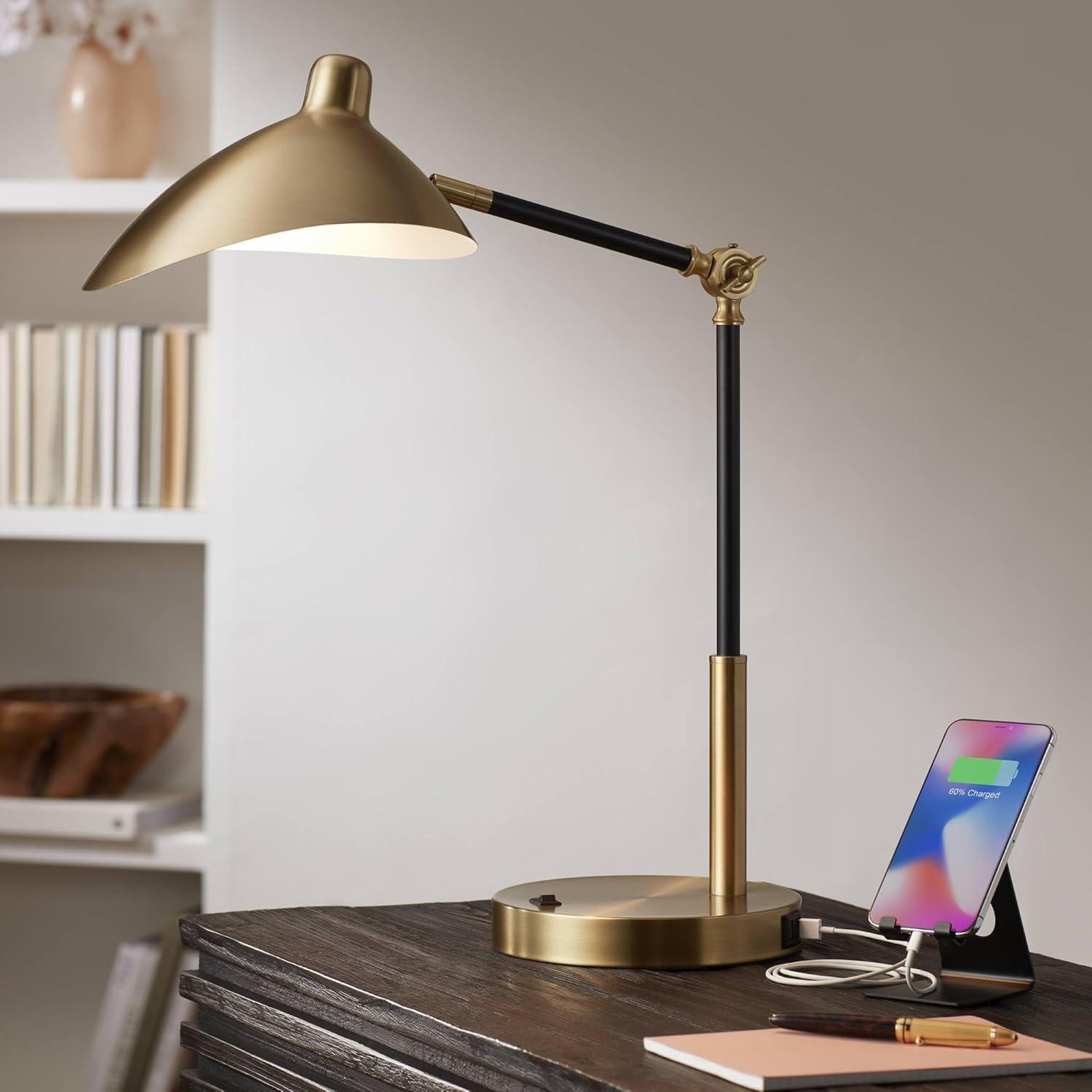 360 Lighting Colborne Modern Mid Century Desk Table Lamp 28" Tall Antique Brass Black with USB Charging Port LED for Bedroom Living Room Bedside Kids