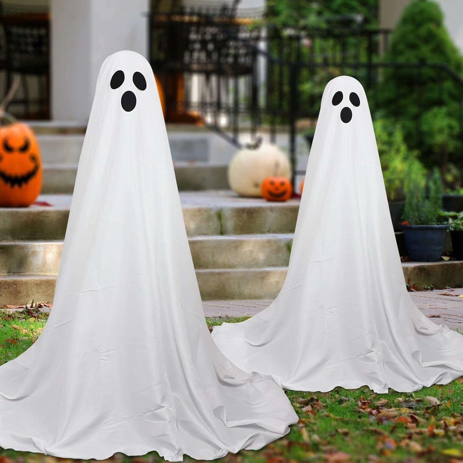 2Packs Halloween Decorations Outdoor, Cute Halloween Decorations Indoor, Spooky Ghost Halloween Decor with Witch Hat, Scary Ghosts Decor with String Lights for Front Porche Yard Garden Home