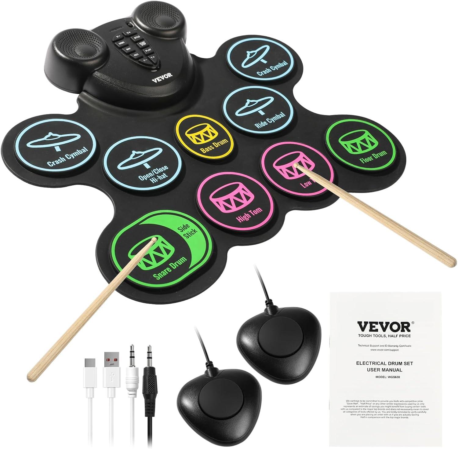 KFFKFF Electronic Drum Kit, Comprising 9 Pads, Compact Roll-up Practice Pad, Digital Drum Set with Headphone Outlet, Twin Pedals, Drum Rods, Integrated Dual Sound Systems, MIDI