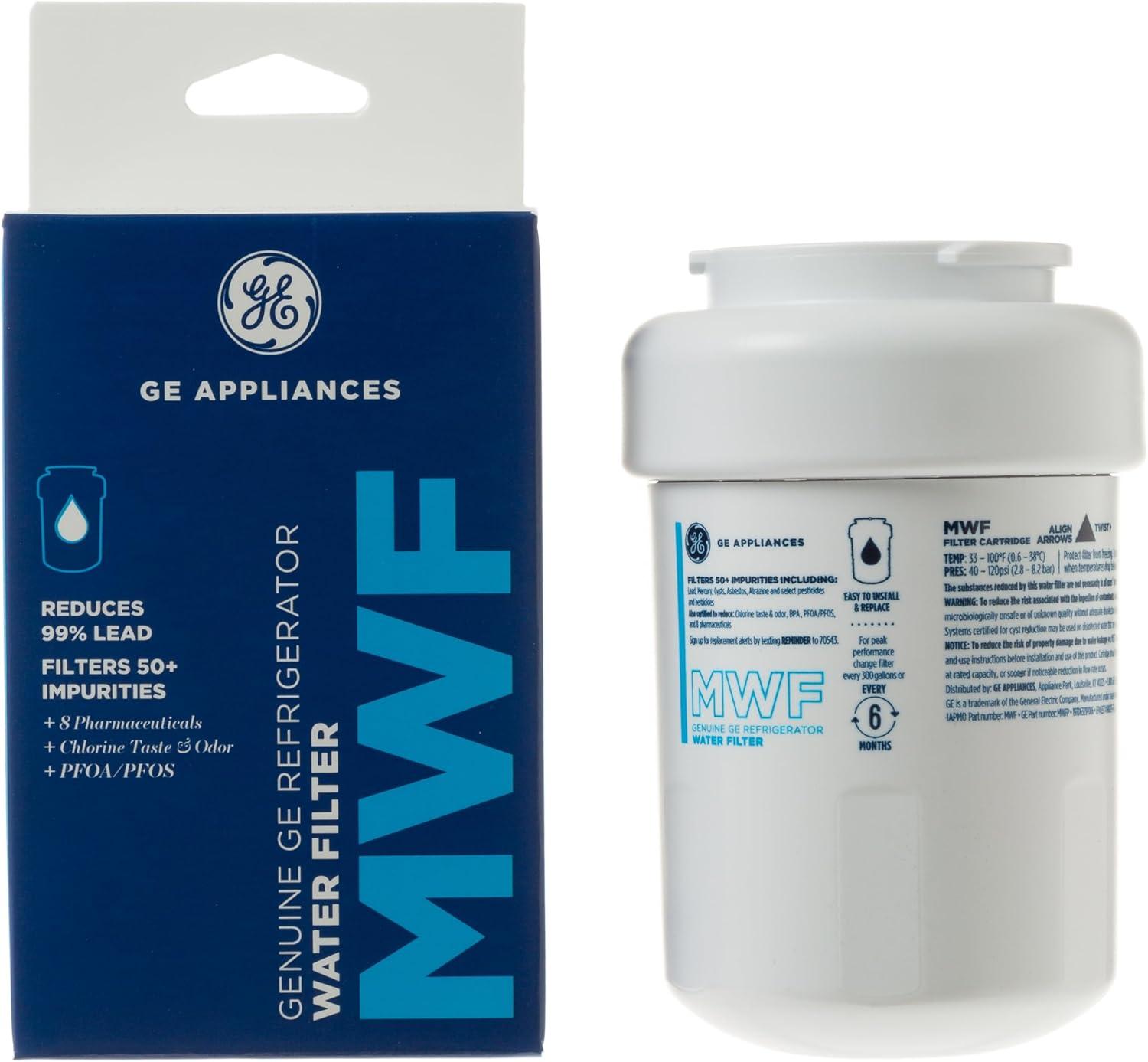 GE Appliances MWF Replacement Refrigerator Water Filter: Filters Lead, Asbestos, Chlorine, Pesticides, 1-Year Warranty