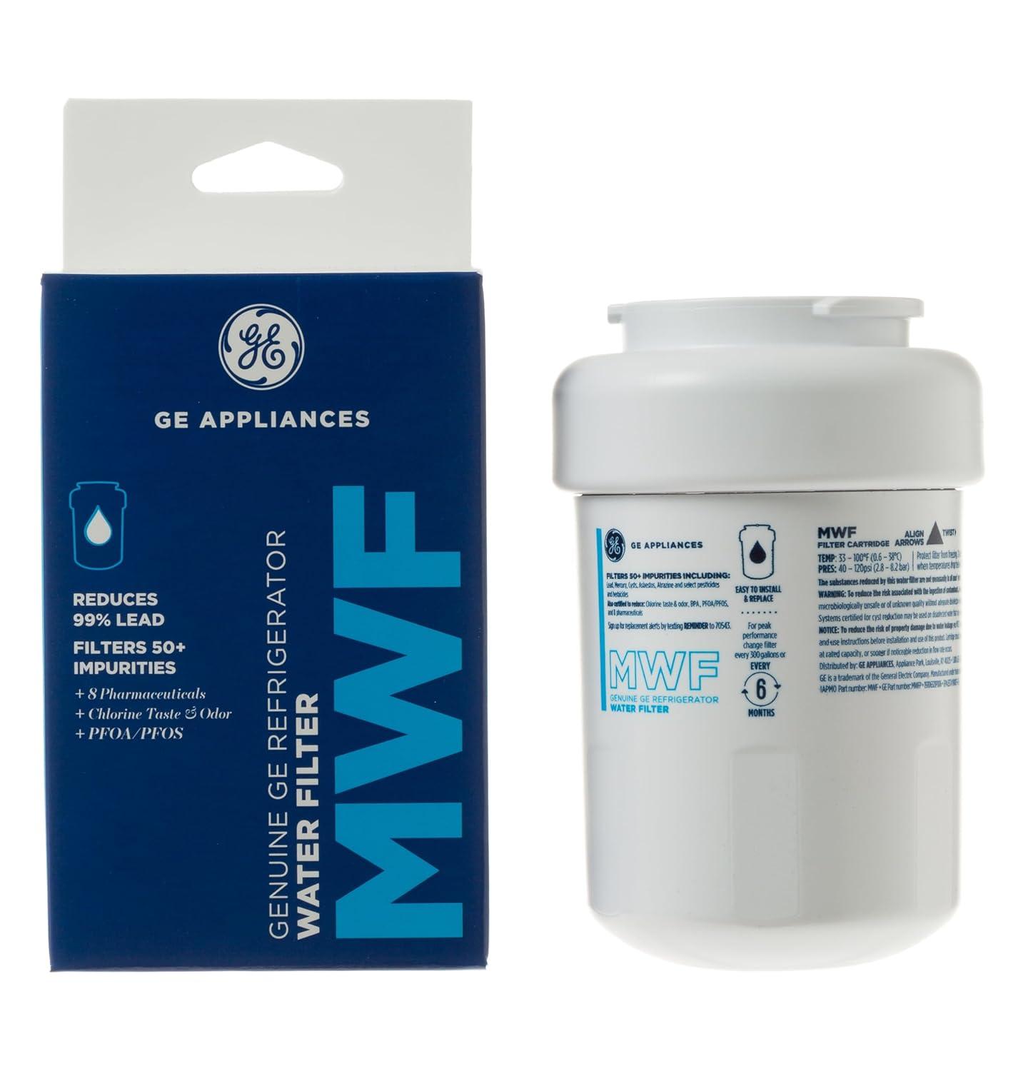 GE Appliances MWF Replacement Refrigerator Water Filter: Filters Lead, Asbestos, Chlorine, Pesticides, 1-Year Warranty