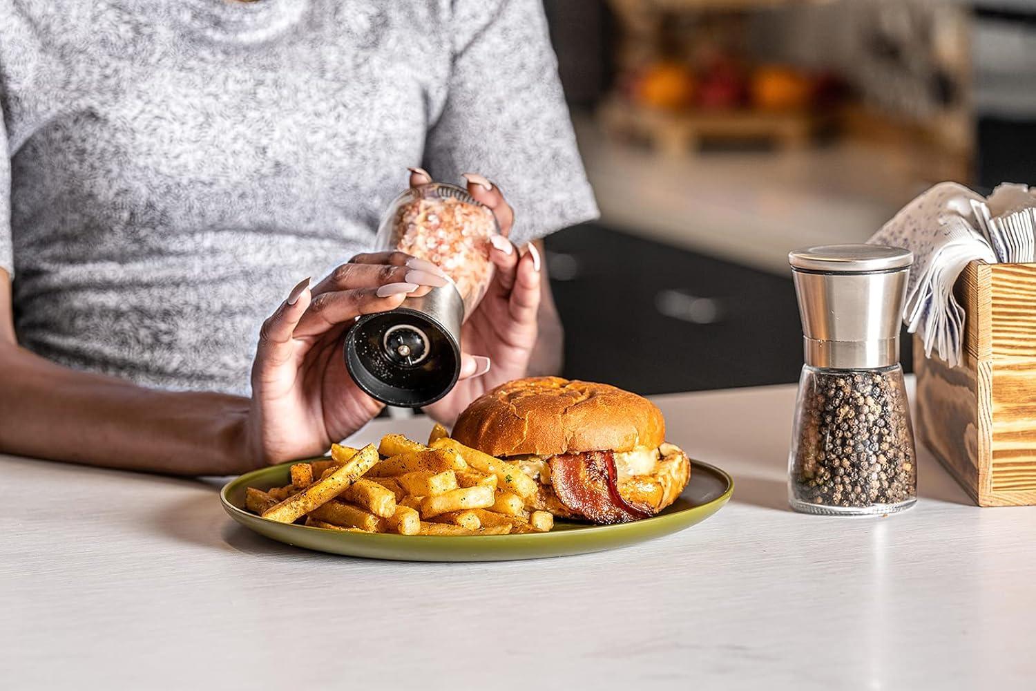 CB Accessories Stainless Steel Salt and Pepper Grinder Set with Wood Tray,  Adjustable Coarseness for Modern Farmhouse Kitchen Table