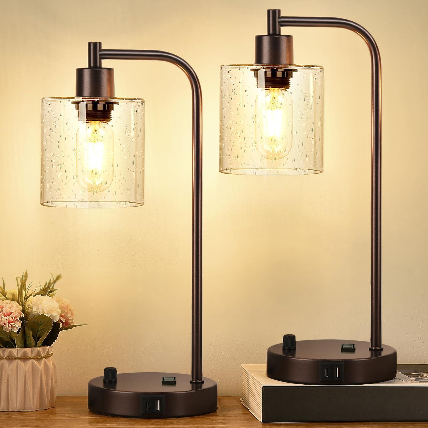 【Upgraded】Set of 2 Industrial Table Lamps with 2 USB Port, Fully Stepless Dimmable Bedside Lamps for Bedroom, Nightstand Desk Lamps with Glass Shade for Bedroom Living Room Office 2 LED Bulb Included