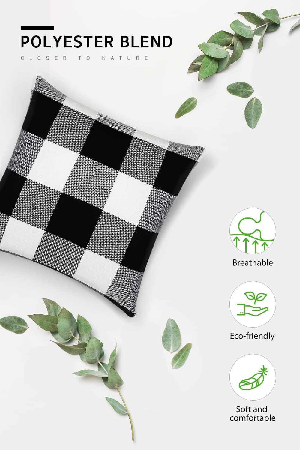 Syntus Set of 2 Buffalo Check Throw Pillow Covers Farmhouse Outdoor Plaid Square Pillow Cushion Case Black and White Polyester Linen for Christmas Thanksgiving Decor Car Bed Sofa, 18 x 18 inches