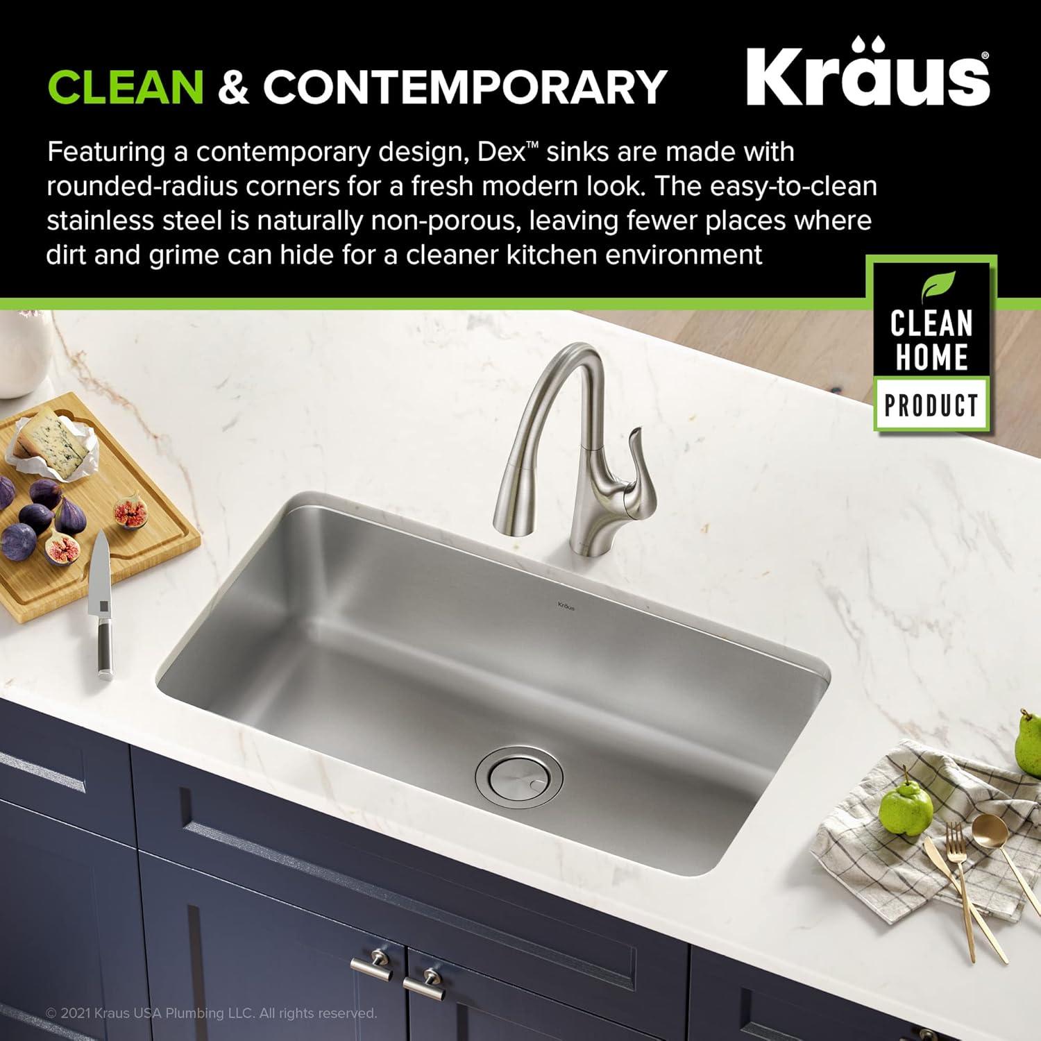 Dex™️ Series KRAUS 33" L Undermount 16 Gauge Stainless Steel Single Bowl Kitchen Sink