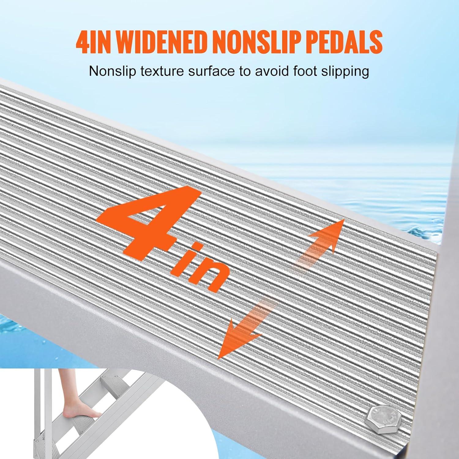 VEVOR Dock Stairs 4 Steps, 500lbs Load Pool Steps, Adjustable Height Aluminum Dock Ladders, Pontoon Boat Ladder with Handrails & Widen Nonslip Pedals for Lake/Pool/Marine Boarding/RV/House