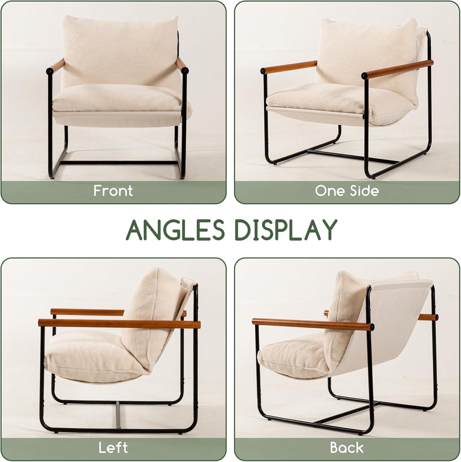 Beige Barrel Accent Chair with Metal Frame and Wood Armrests