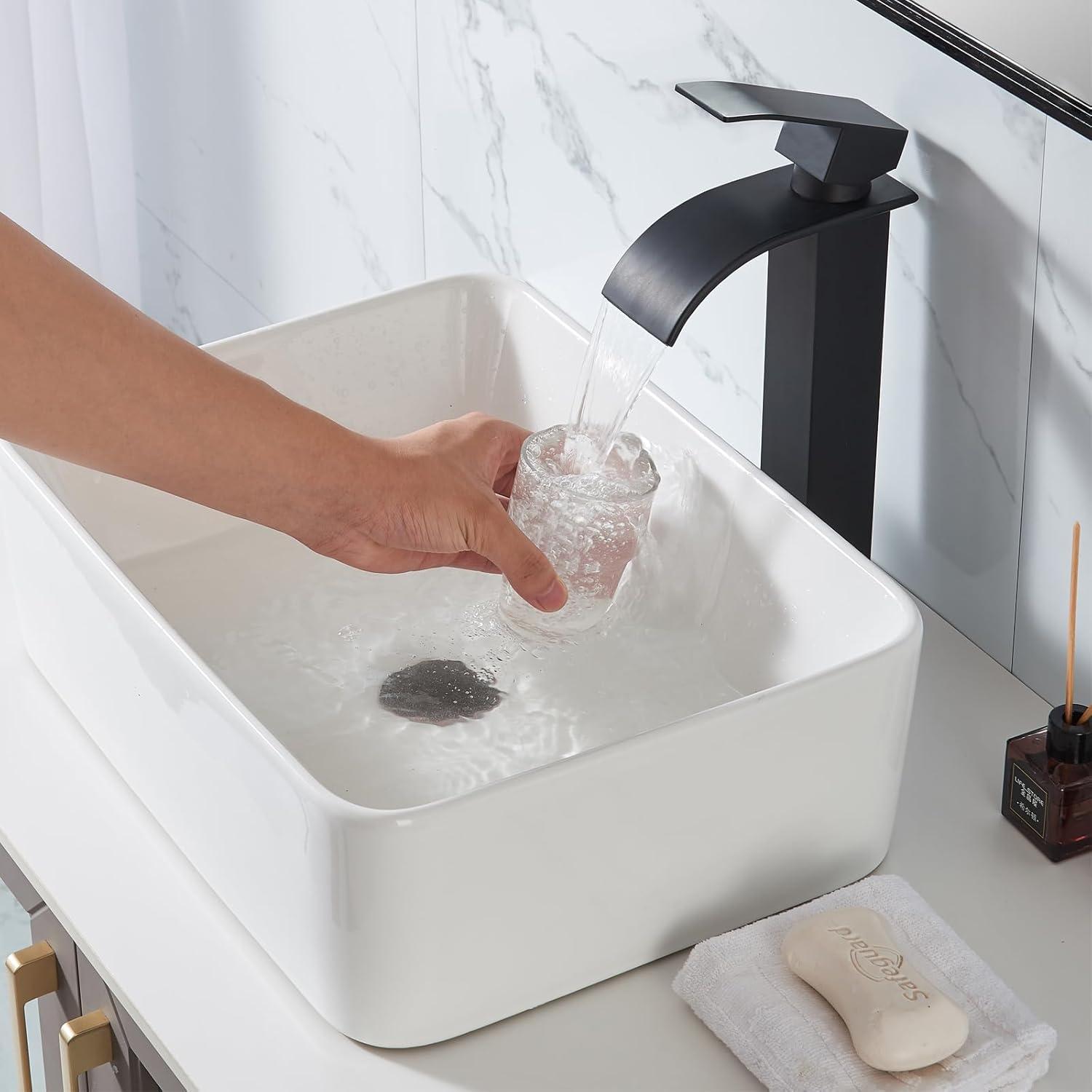 Waterfall Bathroom Faucet Single Handle，Bathroom Sink Faucet 1 Hole，Waterfall Faucet for Bathroom Sink，Vessel Sink Faucet Matte Black Tall Bathroom Faucet