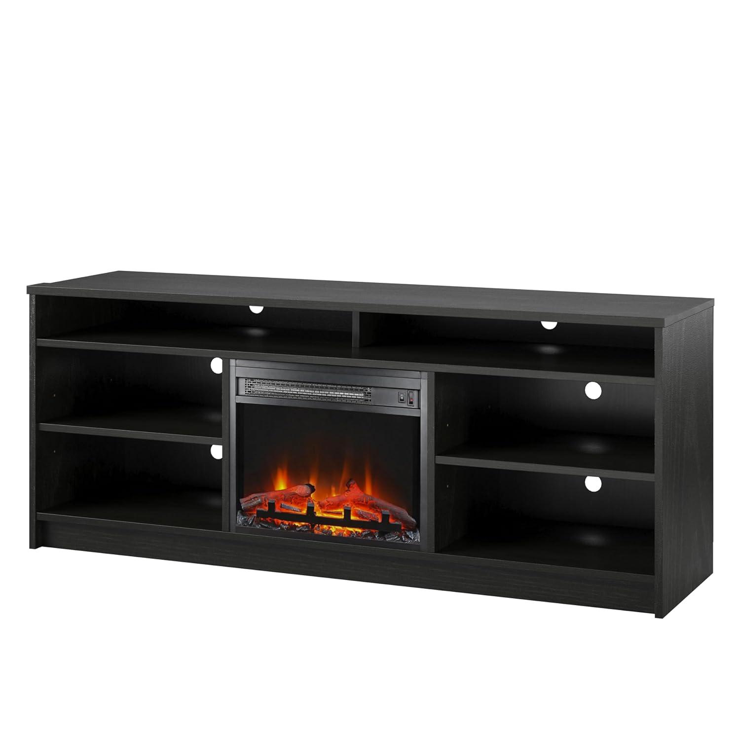 Ameriwood Home Hendrix Electric Fireplace Space Heater TV Stand for TVs up to 65" with 6 Shelves, Black Oak