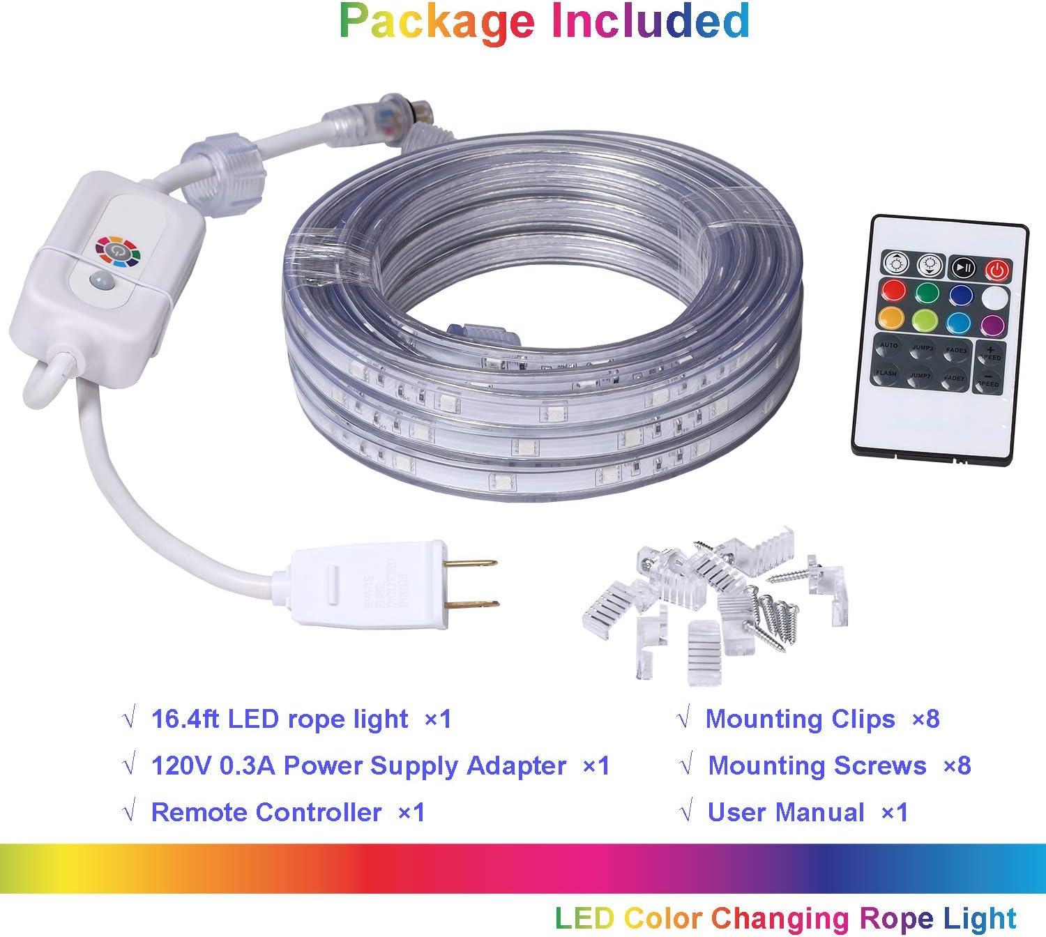 Led Strip Lights 16.4 Feet Outdoor Led Lights Waterproof 300 LEDs Flexible Led Light Strips Color Changing Music Sync RGB Rope Light with Remote Smart Led Lights for Bedroom Home Kitchen