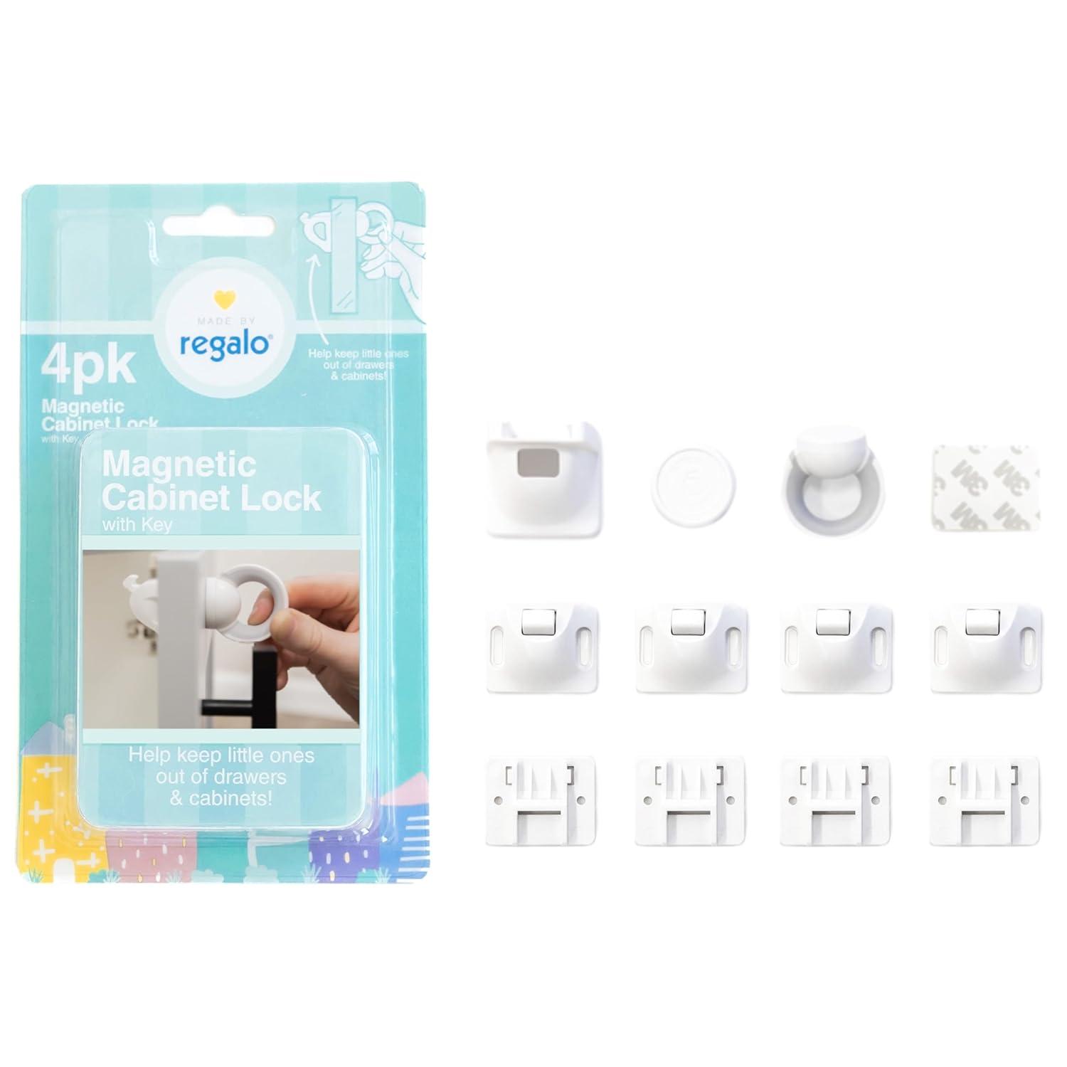 White Magnetic Cabinet and Drawer Lock with Key, 4-Pack