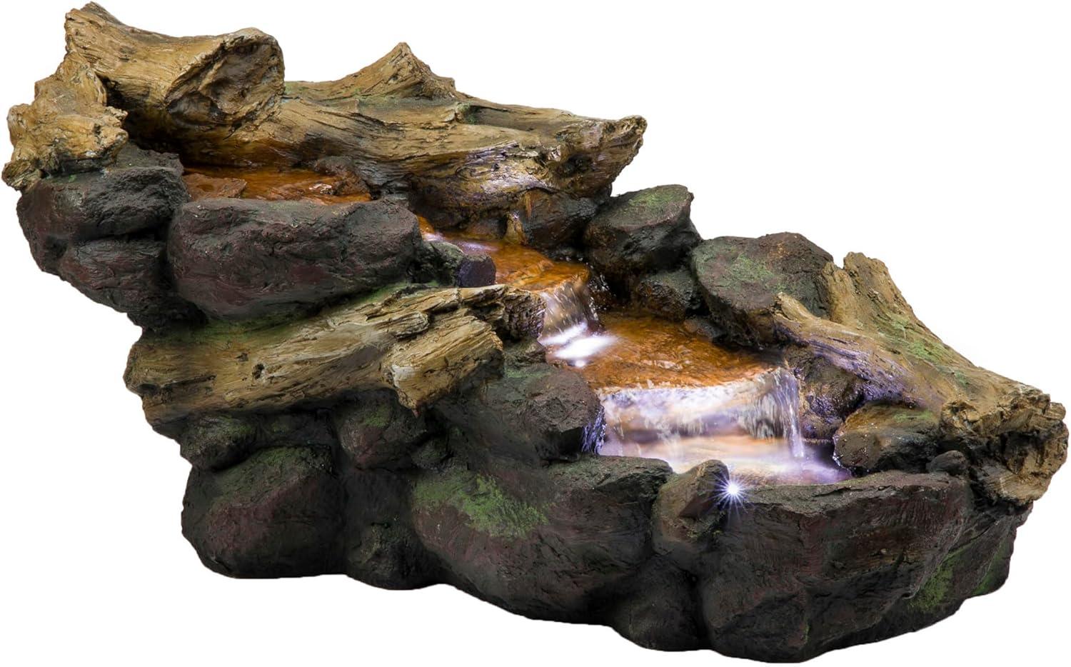 19" Resin River Rocks and Logs Fountain with LED Lights Gray/Cool White - Alpine Corporation: Indoor/Outdoor, Weather-Resistant