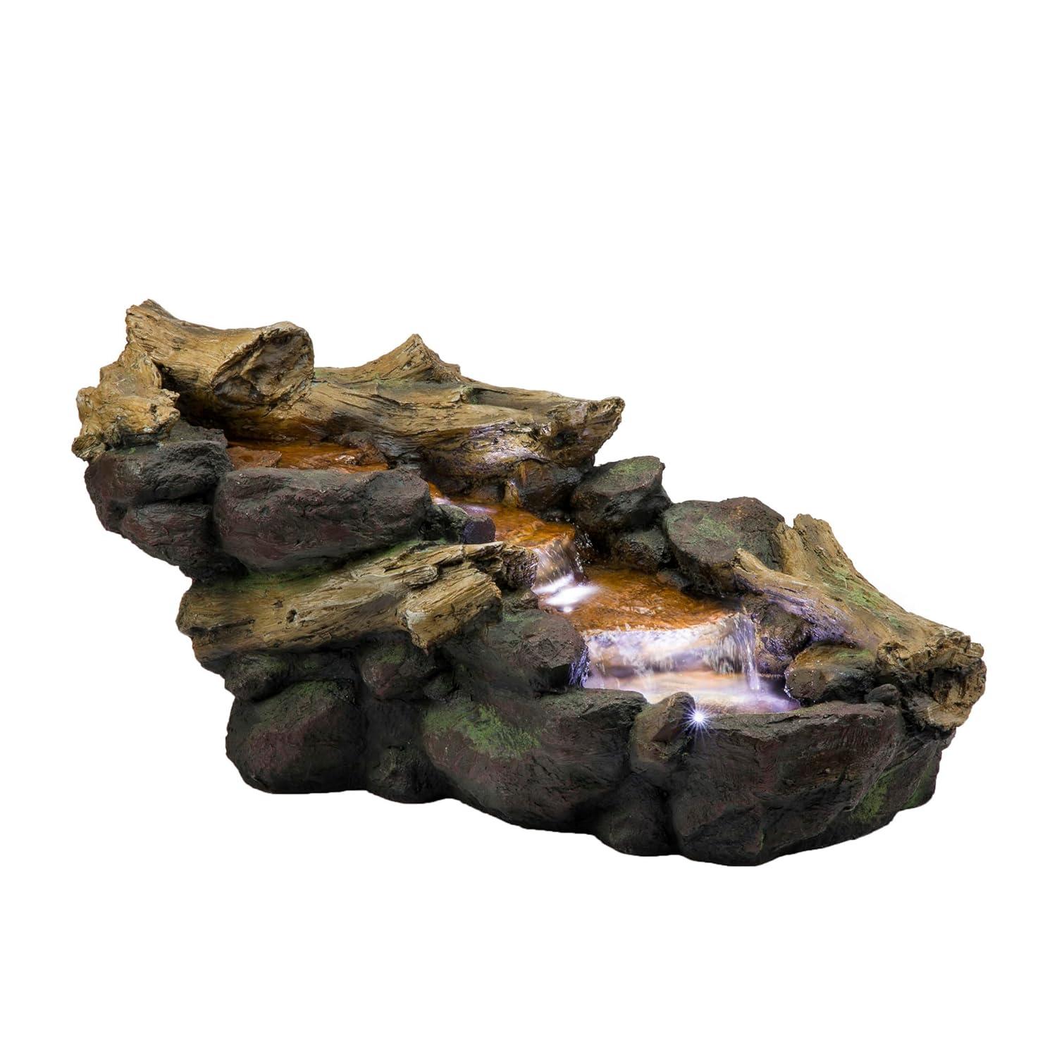 19" Resin River Rocks and Logs Fountain with LED Lights Gray/Cool White - Alpine Corporation: Indoor/Outdoor, Weather-Resistant