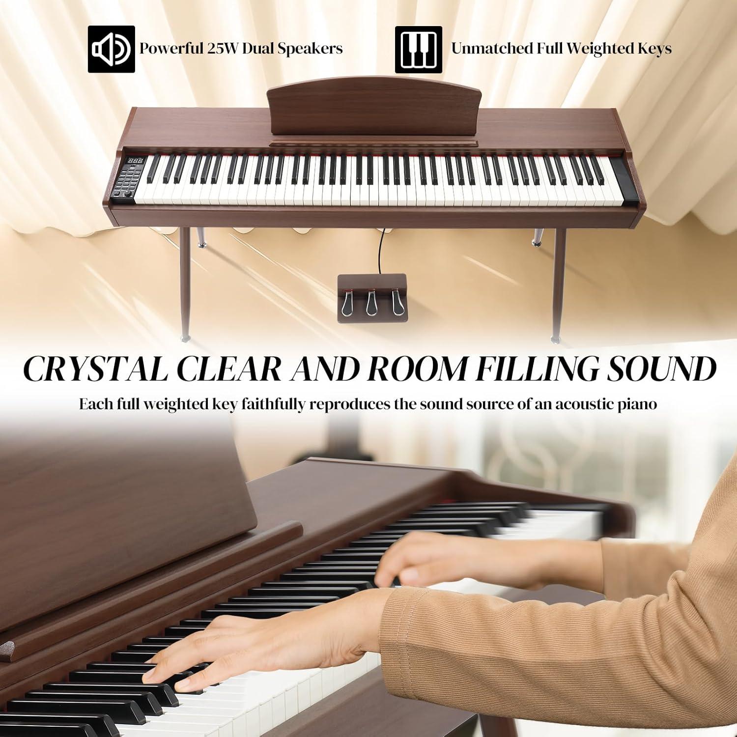 Ktaxon 88 Key Keyboard Piano Weighted Action Electronic Keyboard, Digital Piano with 3-Pedal Unit, Removable Music Stand, Stereo Headphone, Retro Dustproof Cloth and MIDI Connection