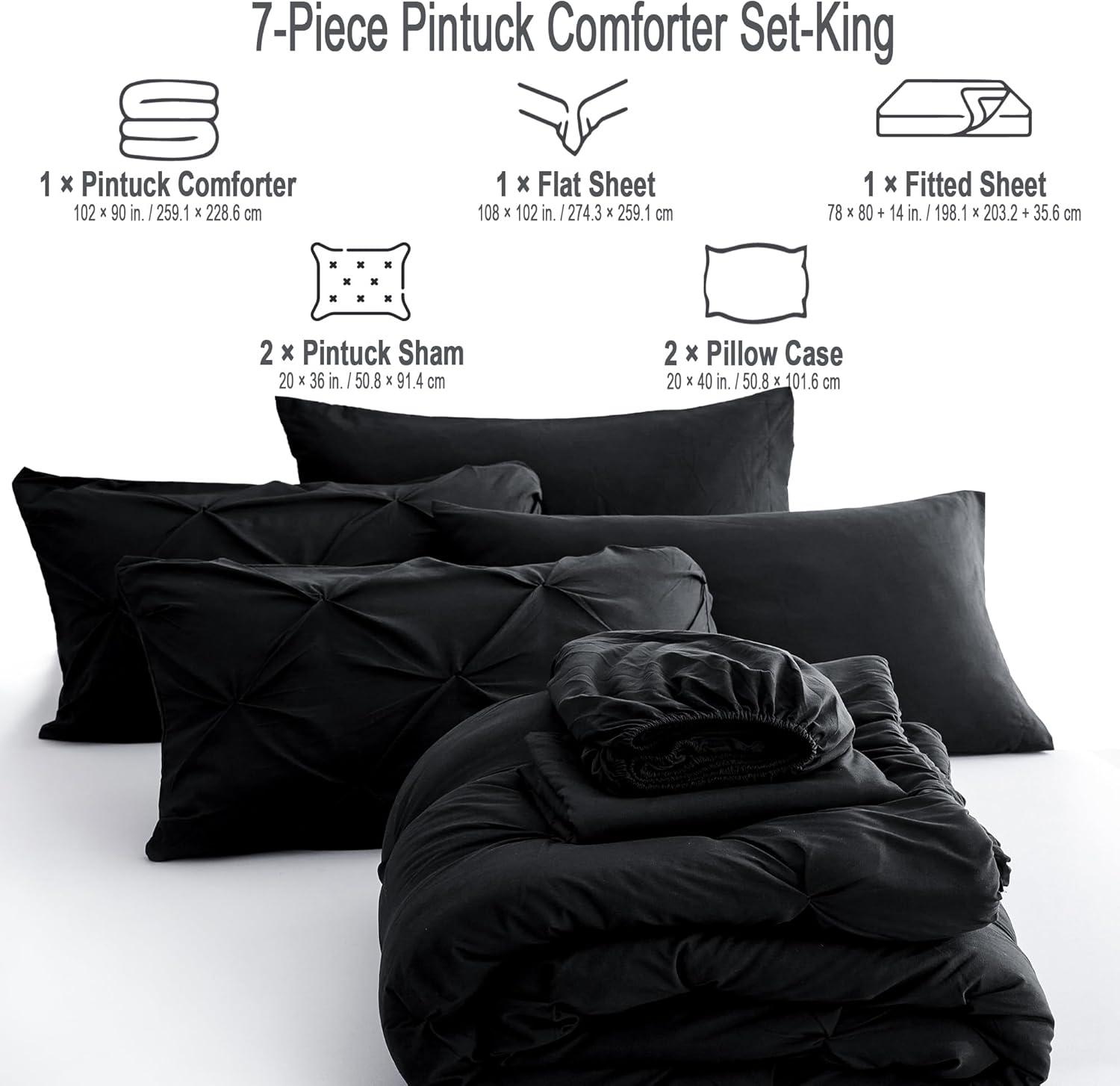 Black King Size Comforter Set - Bedding Set King 7 Pieces, Pintuck Bed in a Bag Black Bed Set with Comforter, Sheets, Pillowcases & Shams