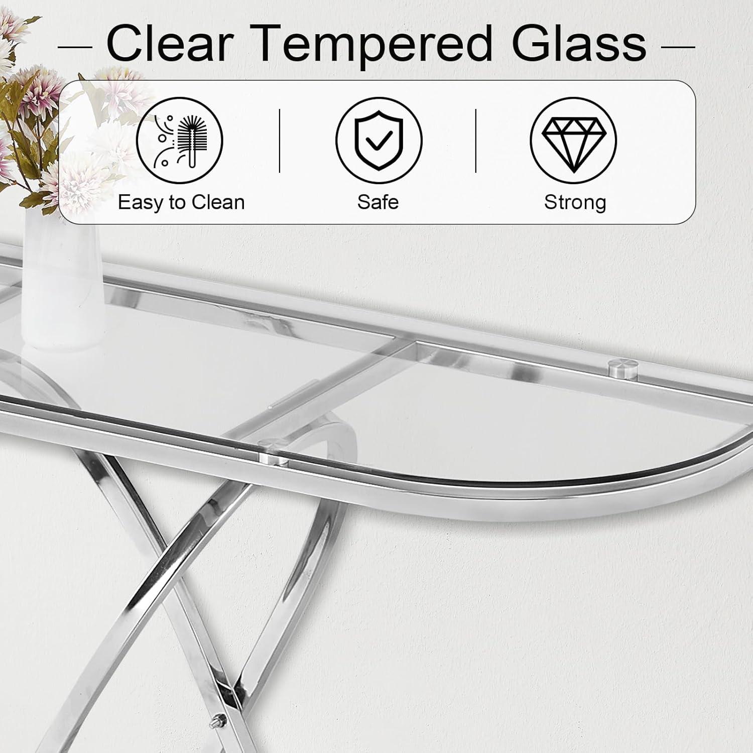 Silver and Clear Glass Console Table with Faux Marble Base