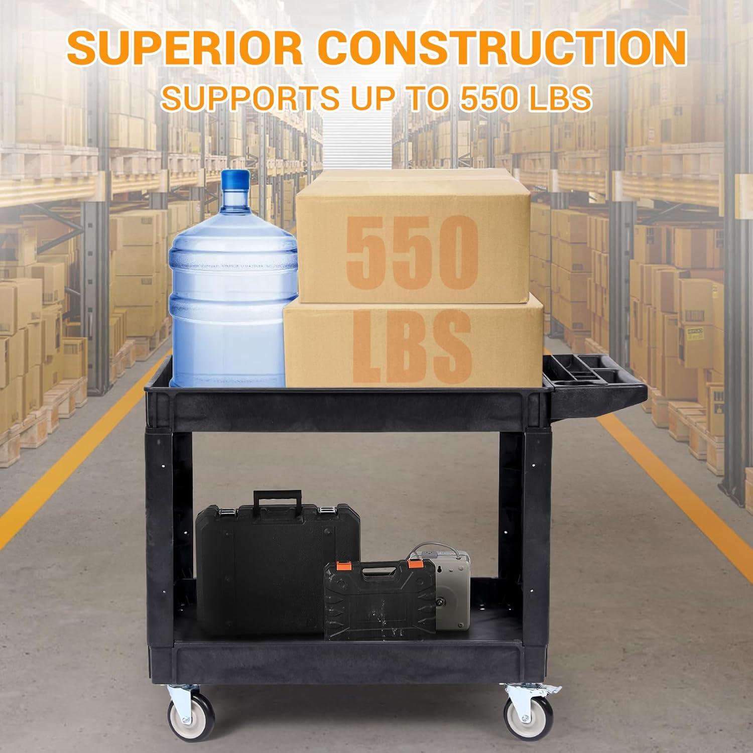 Black Heavy Duty Polypropylene 2-Shelf Rolling Utility Cart with Ergonomic Handle