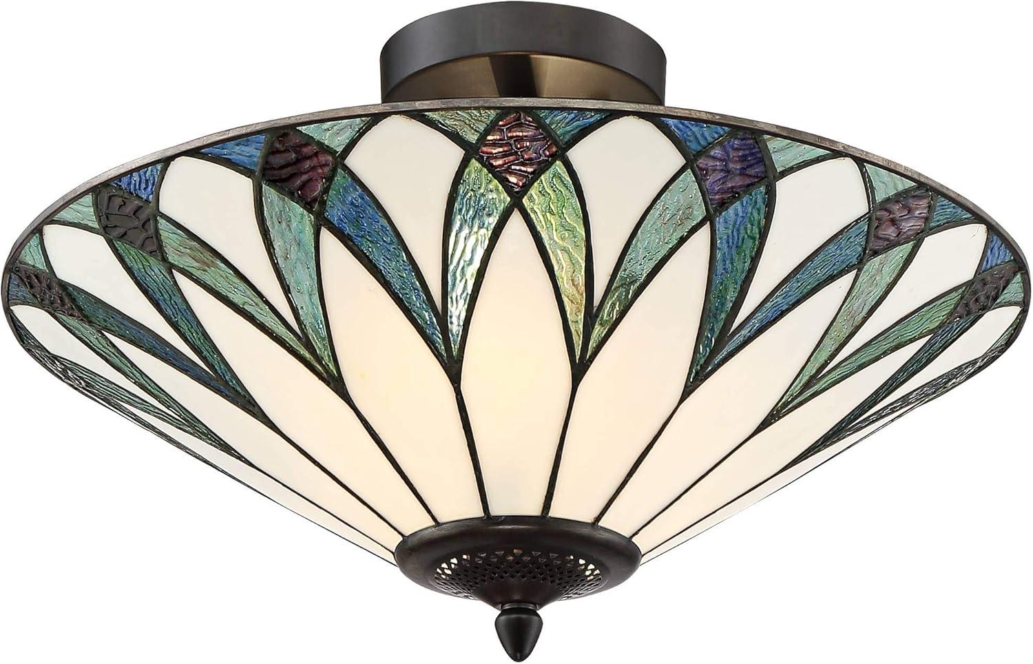 Regency Hill Filton Tiffany Style Ceiling Light Semi Flush Mount Fixture 18" Wide Bronze 2-Light Blue Green Art Glass for Bedroom Kitchen Living Room