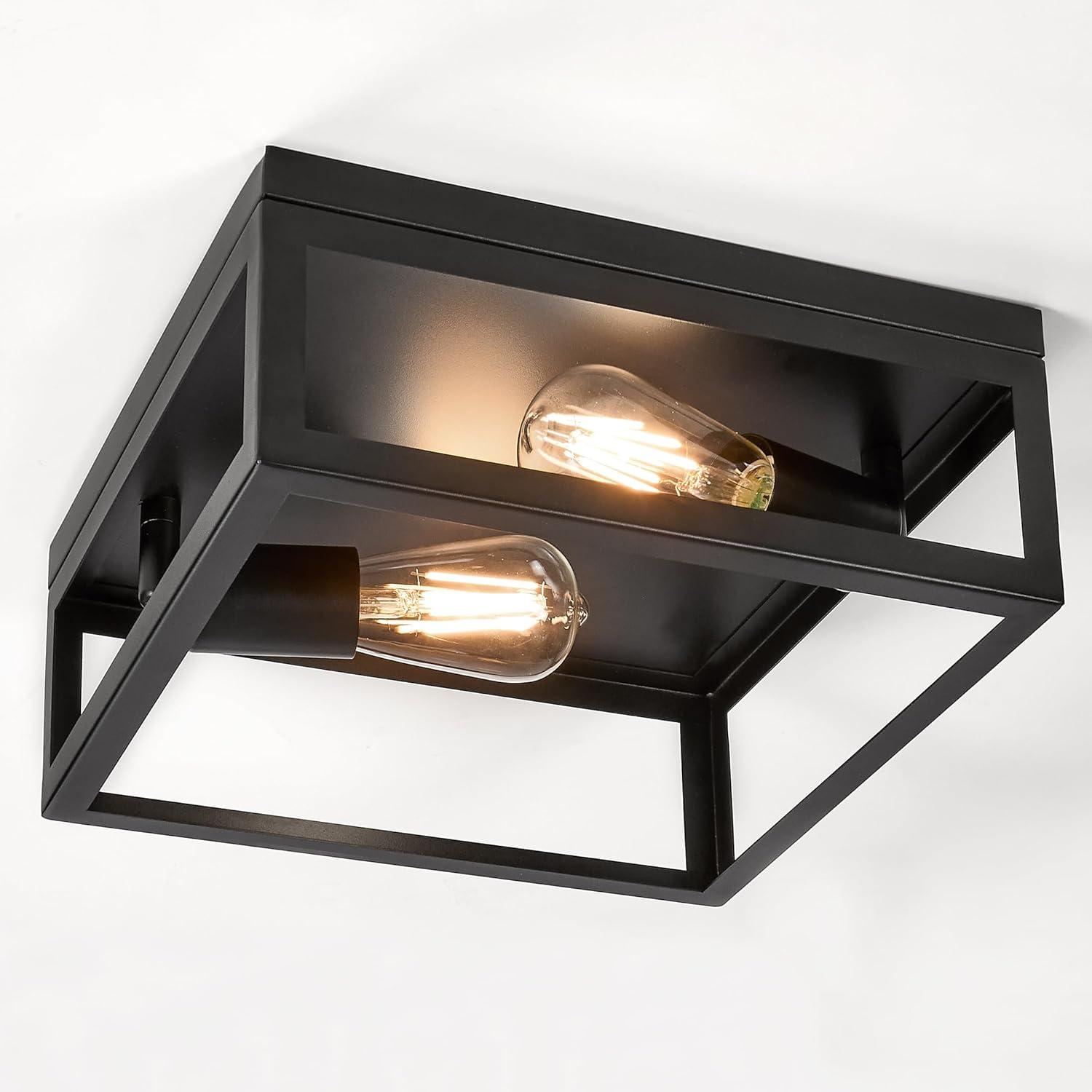 Maxxima 12” 2-Light Indoor / Outdoor Flush Mount Ceiling Light Fixture, Square Black Farmhouse Fixture, Bulbs Not Included